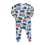 Pink Chicken baby bamboo romper - dump trucks