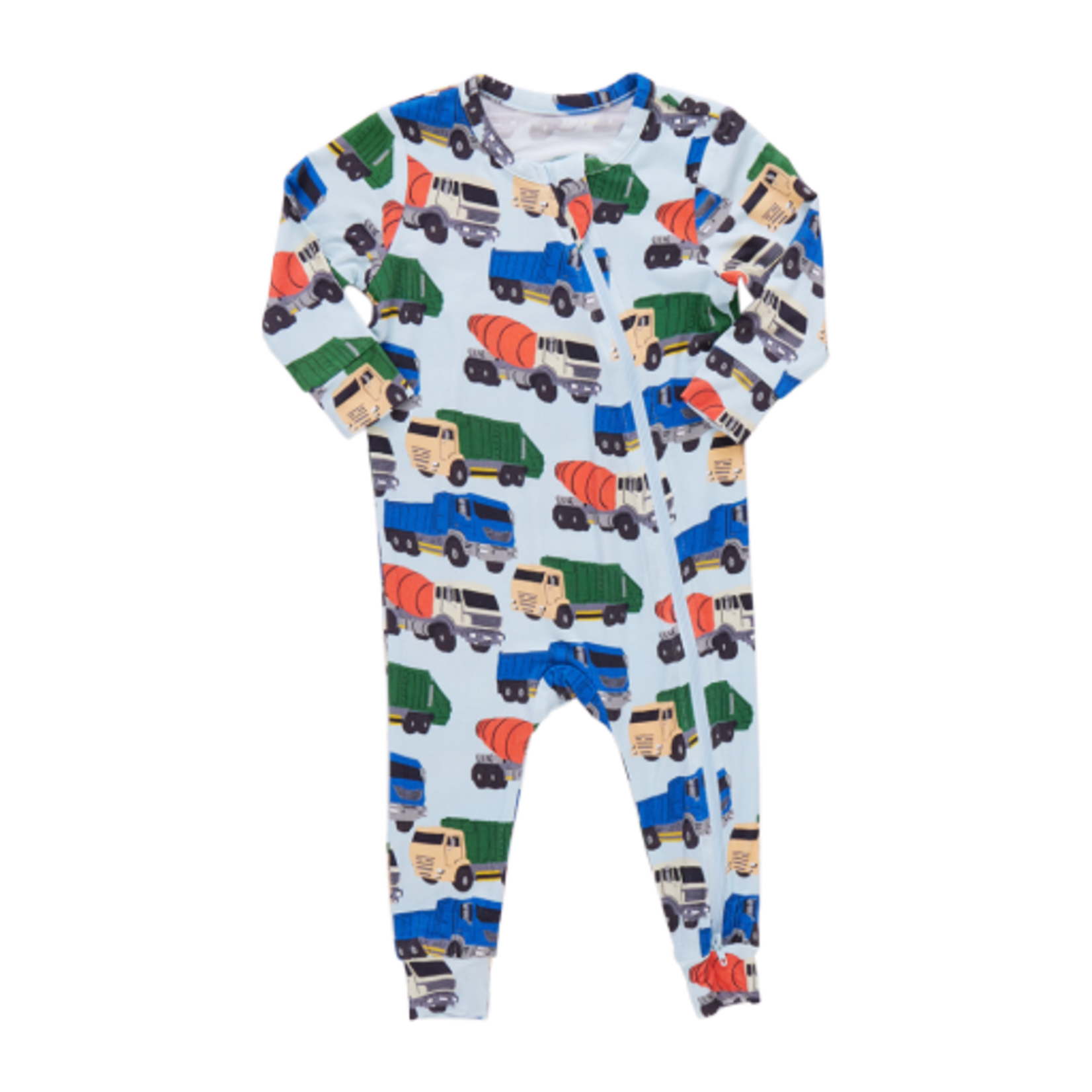 Pink Chicken baby bamboo romper - dump trucks