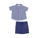 Angel Dear Navy Gingham Button Down Muslin Polo With French Terry Short