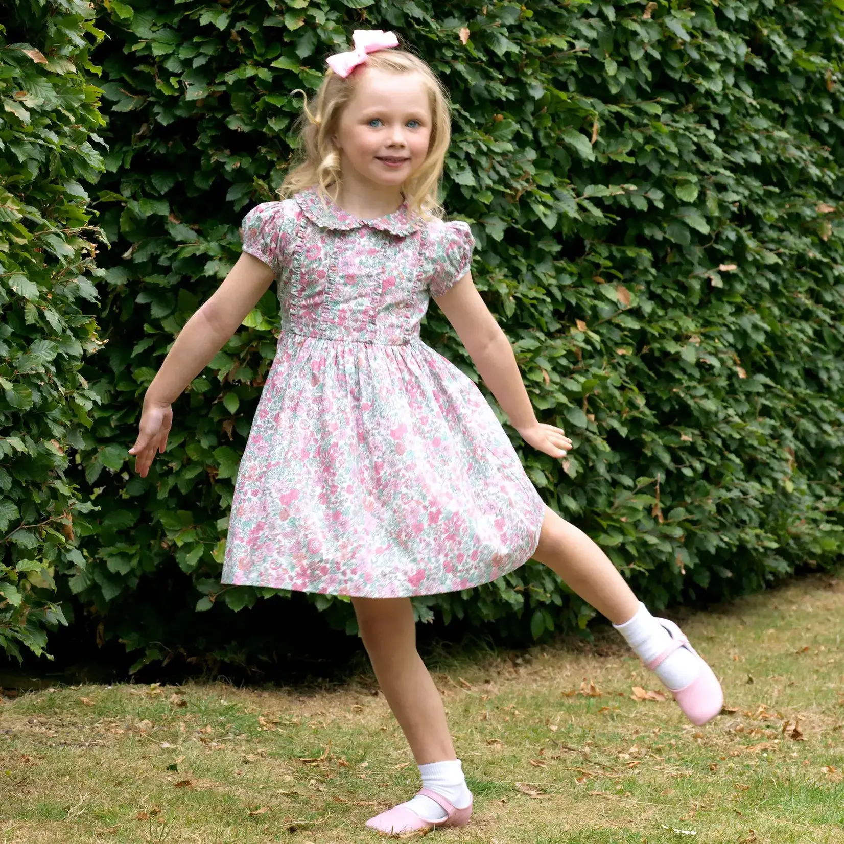 Rachel Riley Pink Leafy Floral Frill Dress