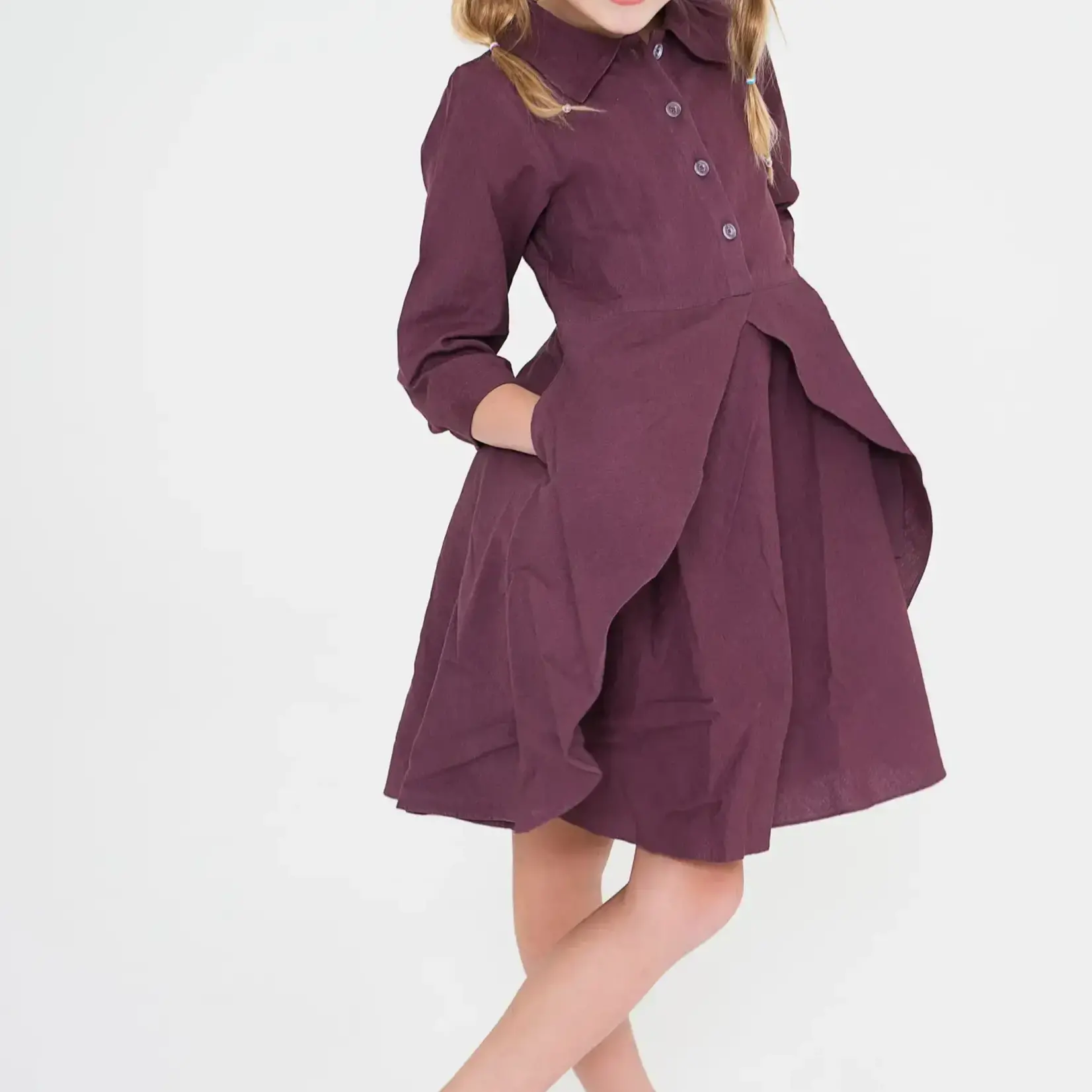 Yo Baby Aubergine Shirt Dress with Flounce Details and Pockets 10Y