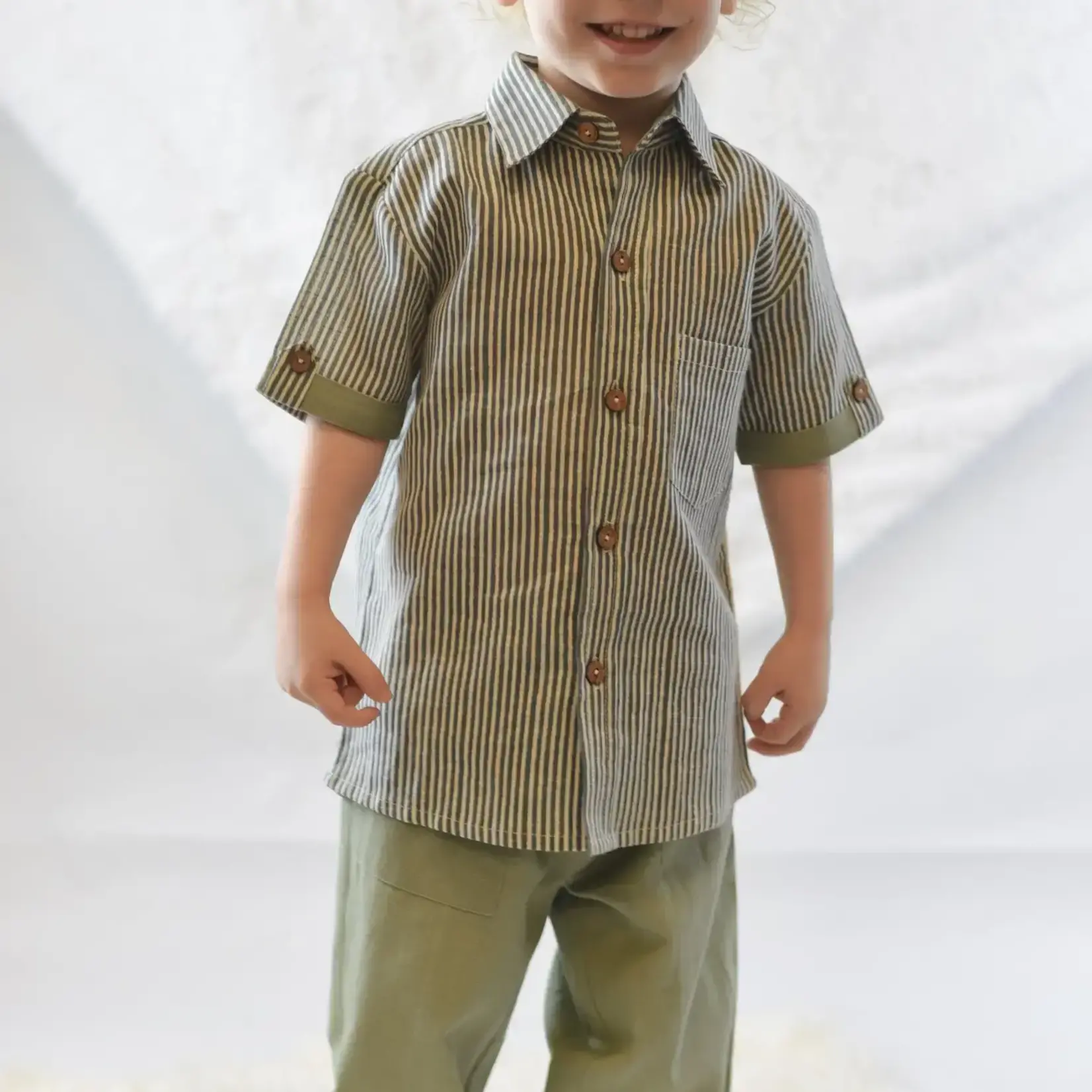 Yo Baby Green Striped Shirt & Pants Set 13Y