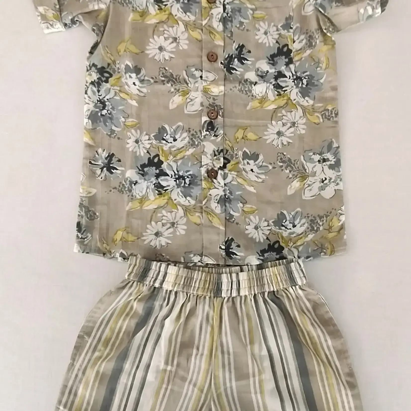 Yo Baby Unisex Kids' Brown Floral Print Cotton Shirt & Striped Shorts Set 13Y