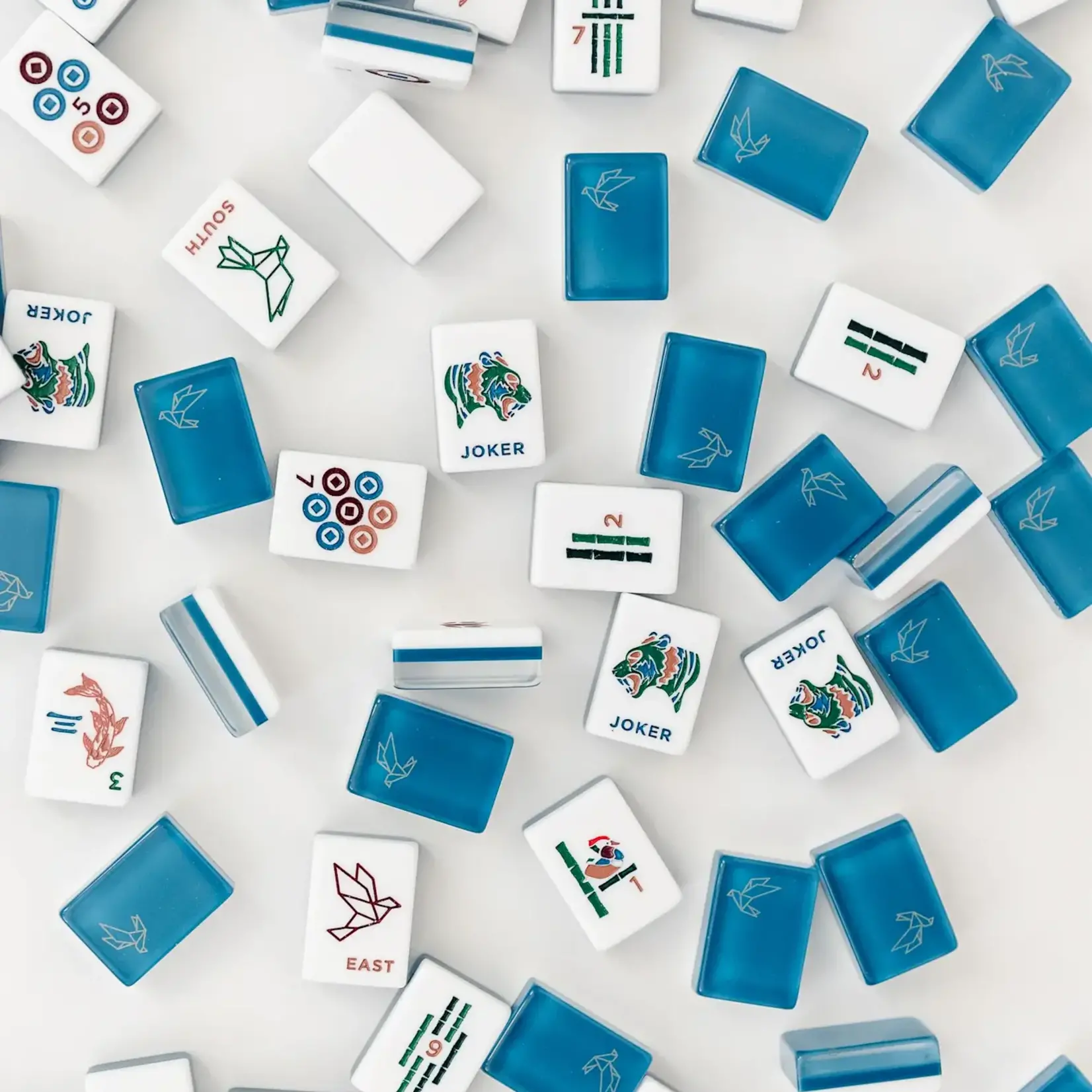 Bam Bird Boutique Azure Origami Mahjong Tile Set with Forest Green/Navy Bag