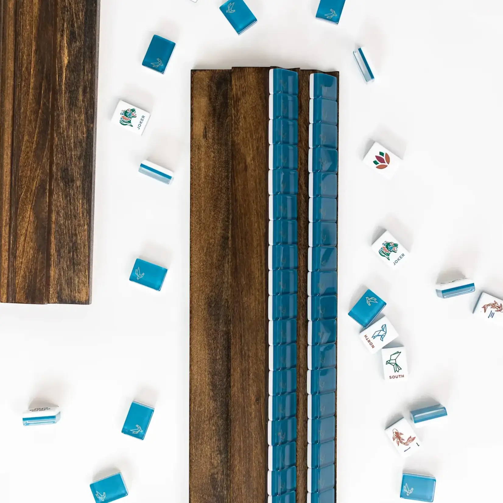 Bam Bird Boutique Azure Origami Mahjong Tile Set with Forest Green/Navy Bag