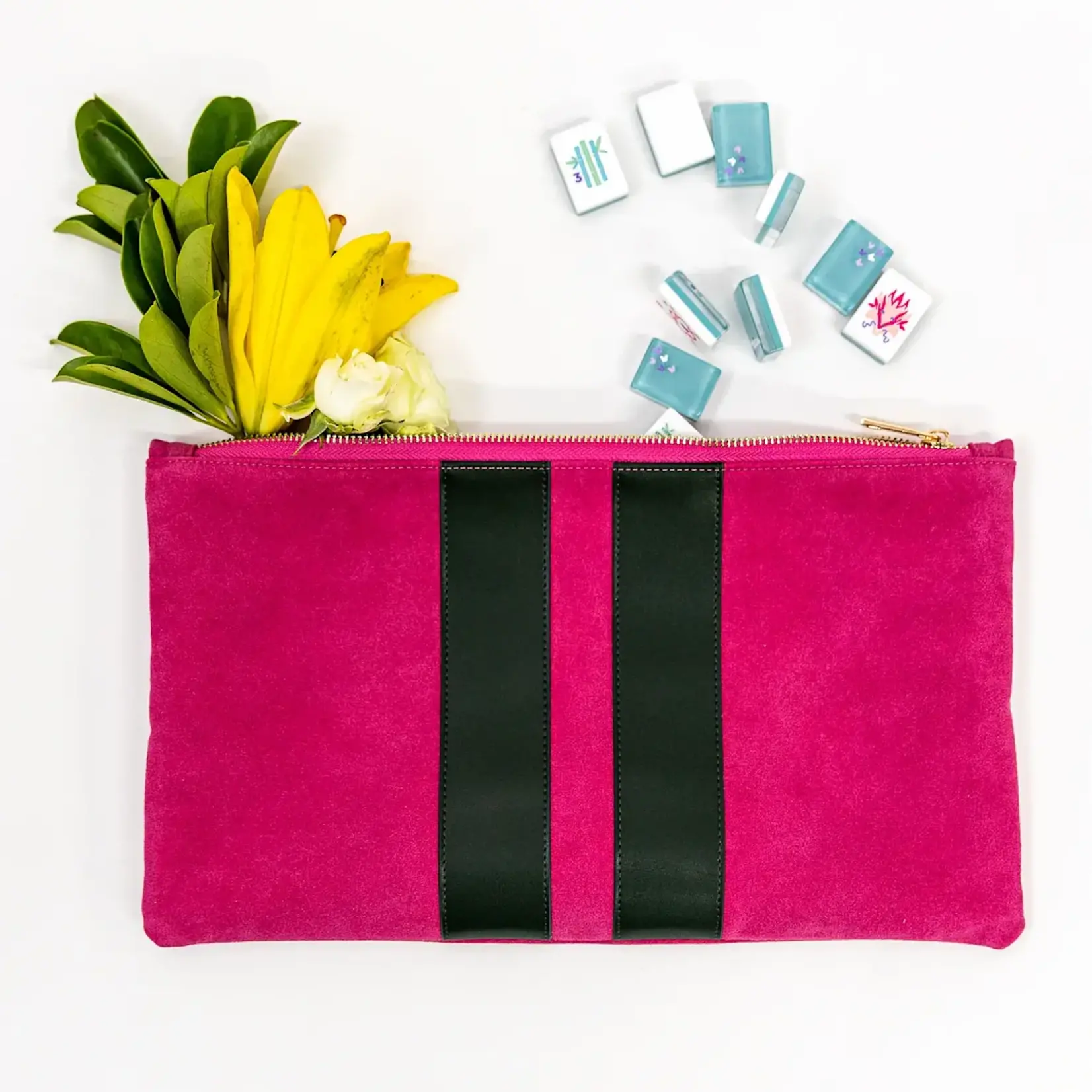 Bam Bird Boutique Bright Pink/Olive Green Suede Tile Bag