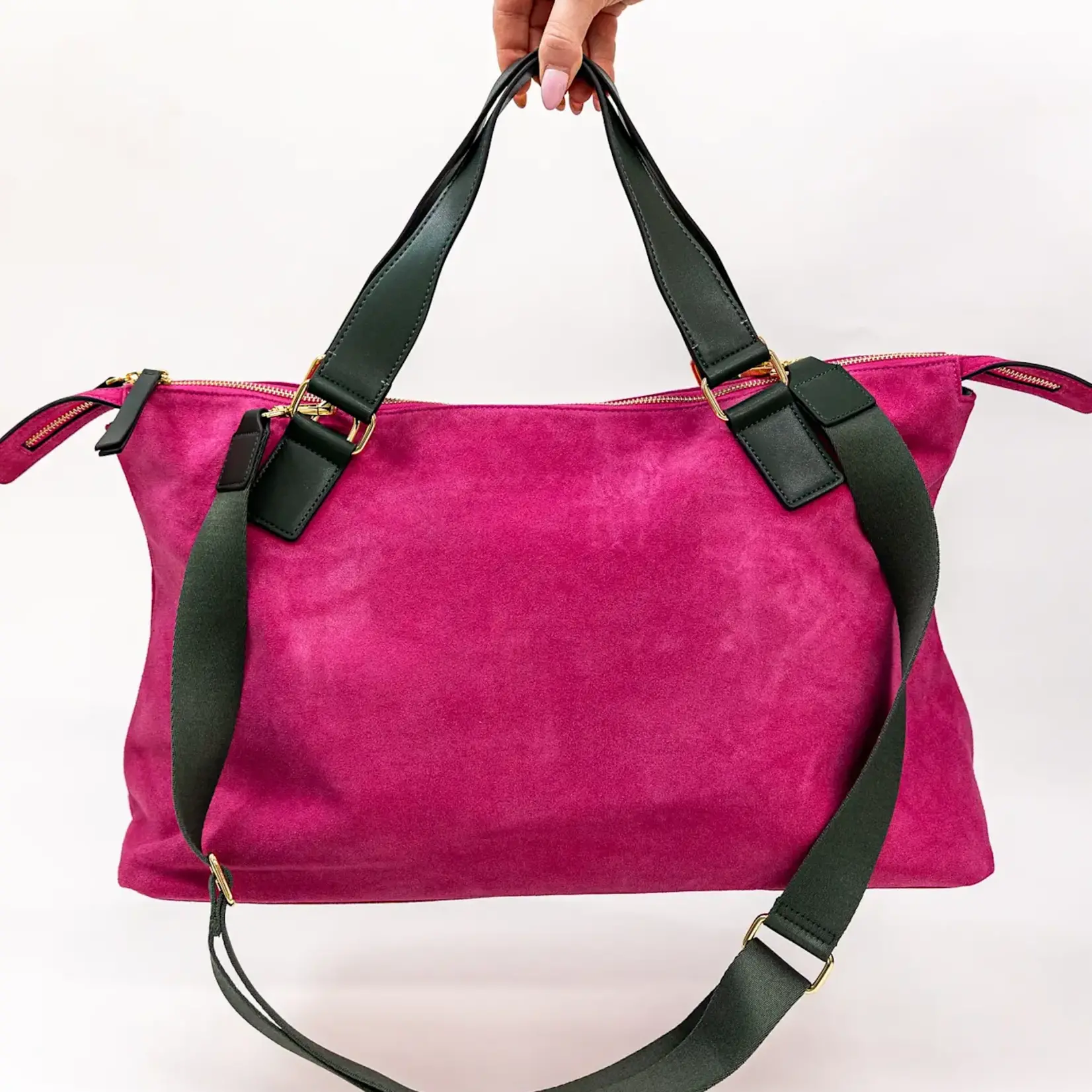 Bam Bird Boutique Bright Pink/Olive Green Suede Carryall Bag