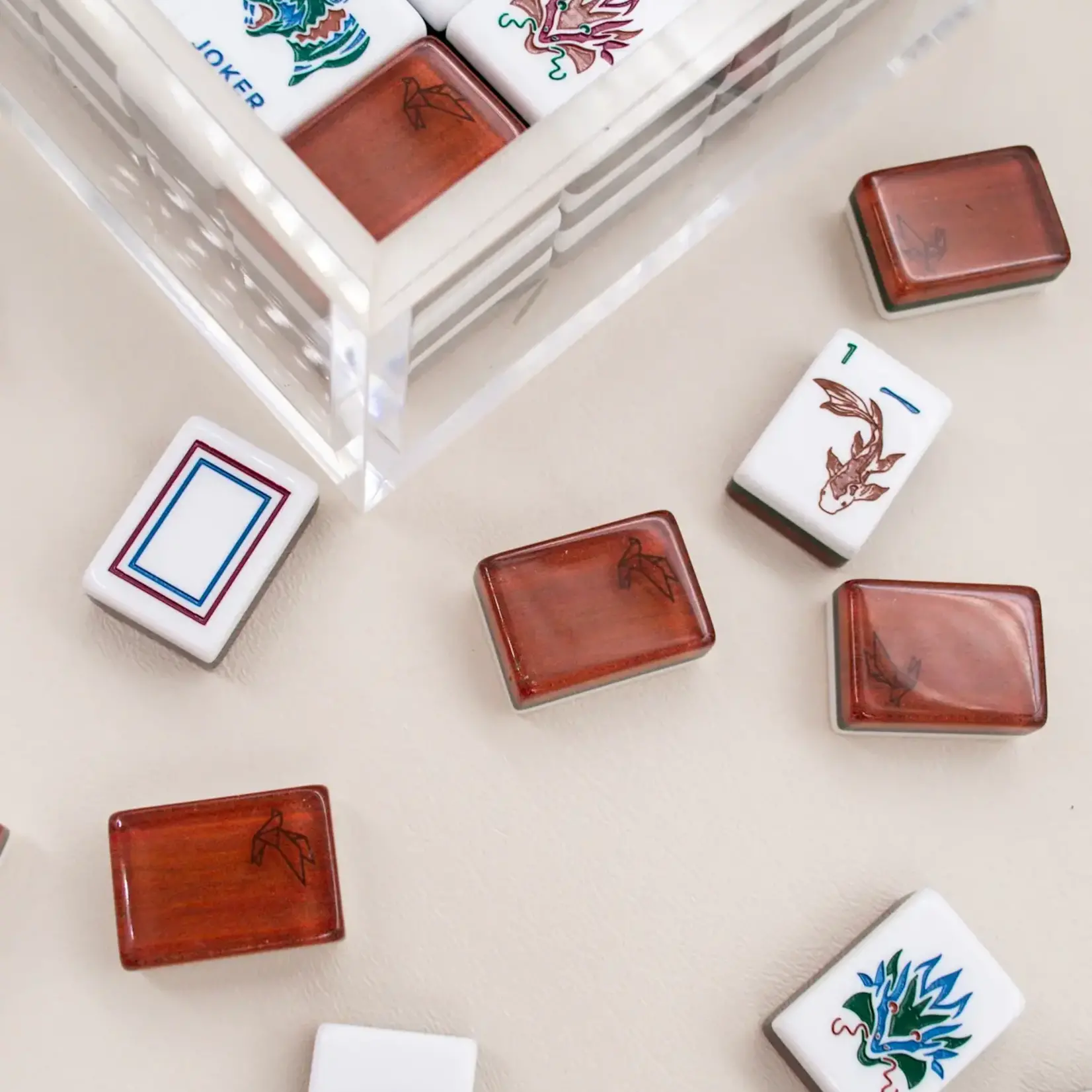 Bam Bird Boutique Origami Timber Mahjong Tile Set in Lucite Display Box