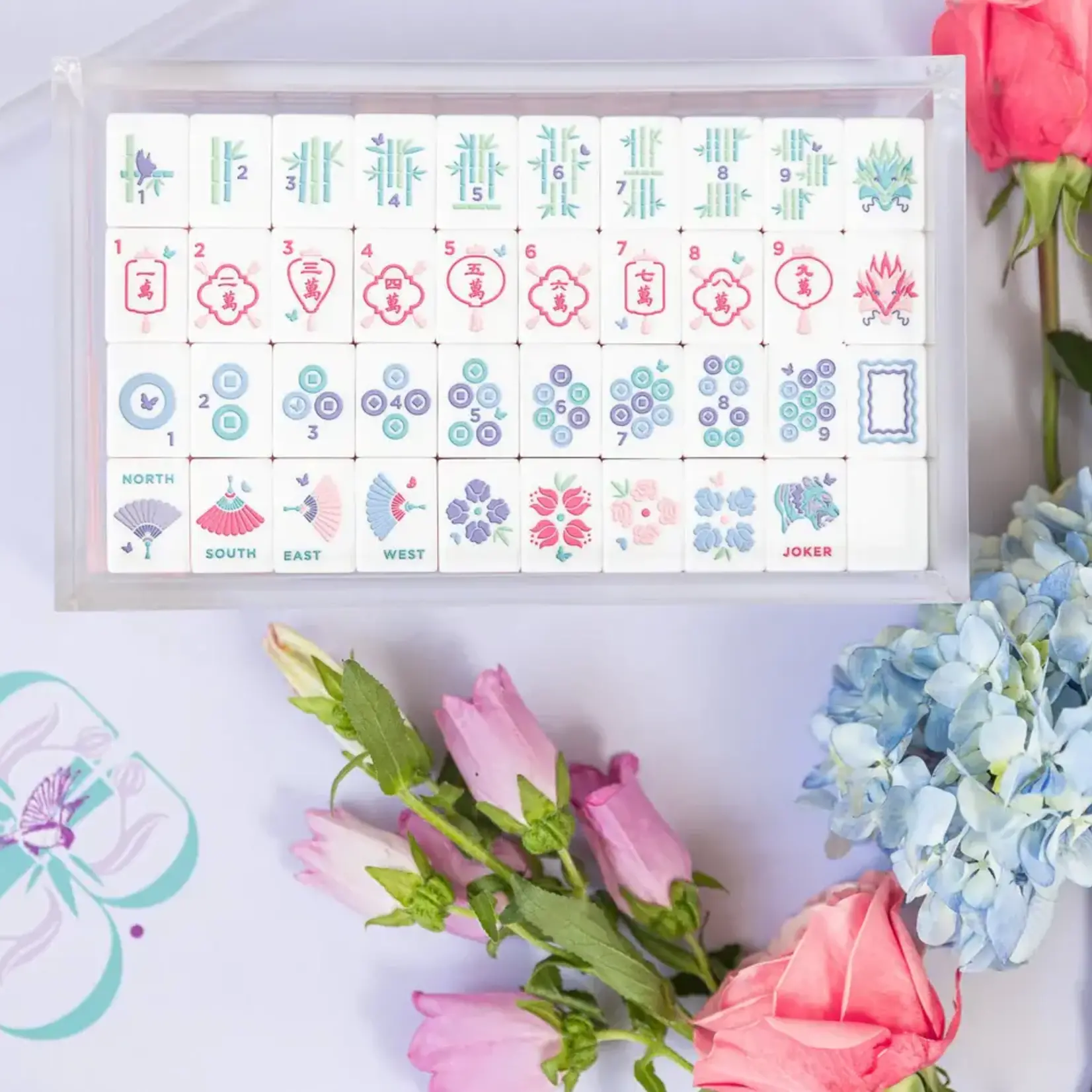 Bam Bird Boutique Teal Classic Mahjong Tile Set in Lucite Display Box