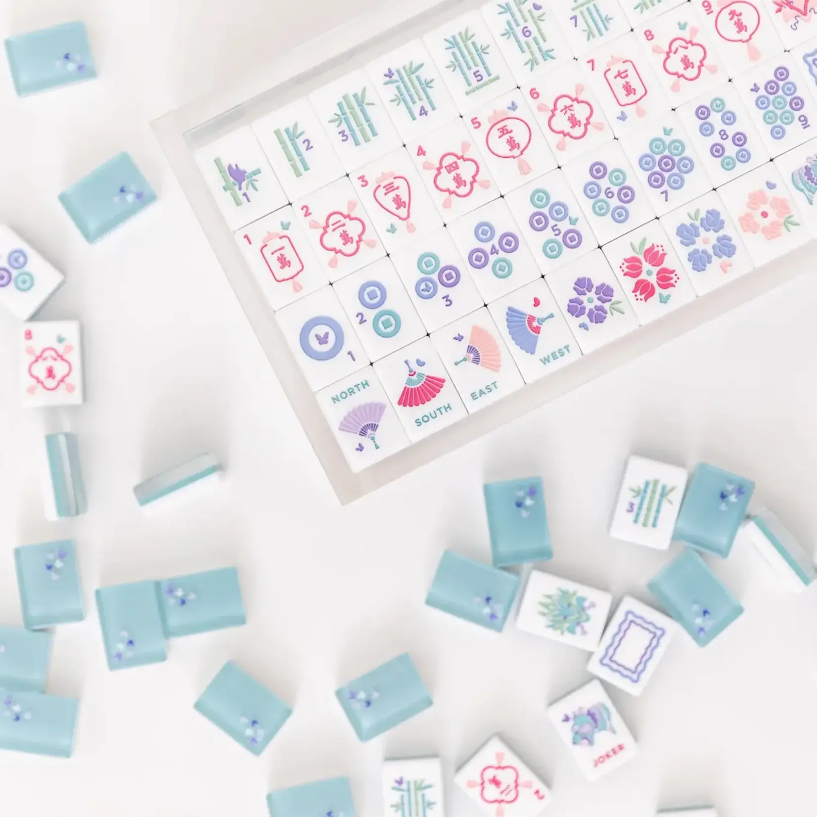 Bam Bird Boutique Teal Classic Mahjong Tile Set in Lucite Display Box