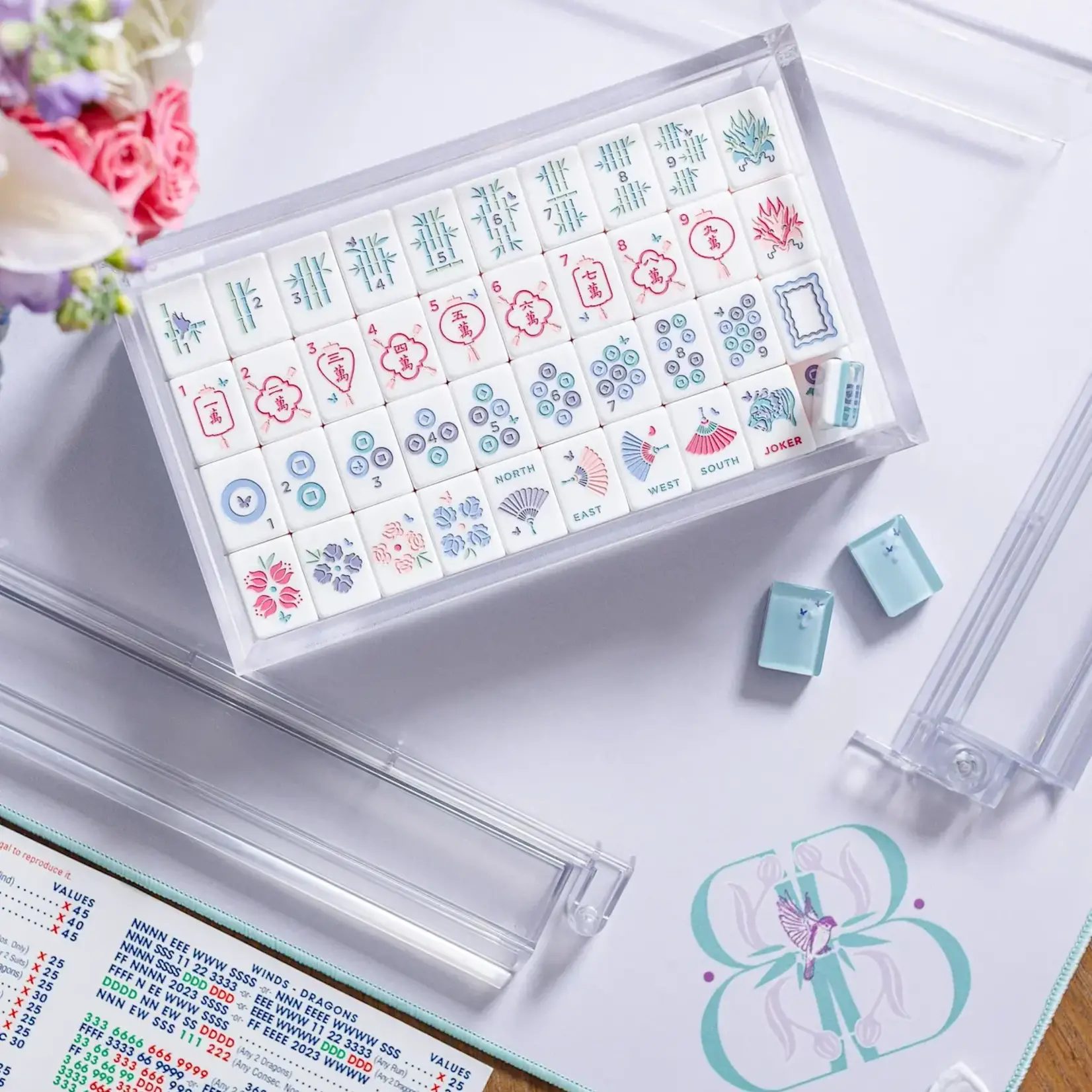 Bam Bird Boutique Teal Classic Mahjong Tile Set in Lucite Display Box