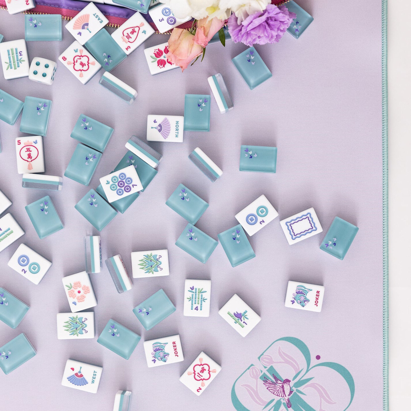 Bam Bird Boutique Teal Classic Mahjong Tile Set in Lucite Display Box