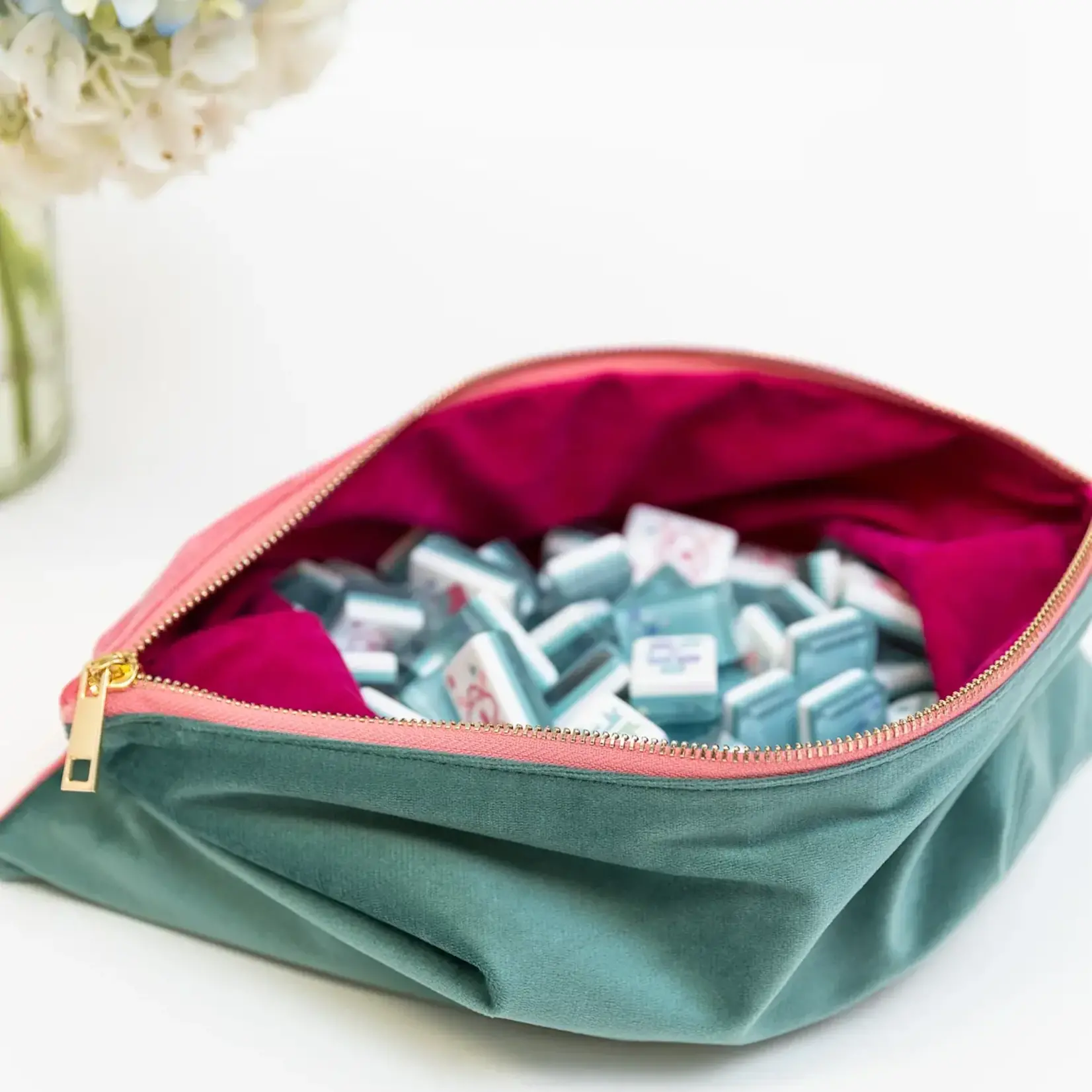 Bam Bird Boutique Teal Classic Mahjong Tile Set in Teal/Pink Classic Velvet Tile Bag