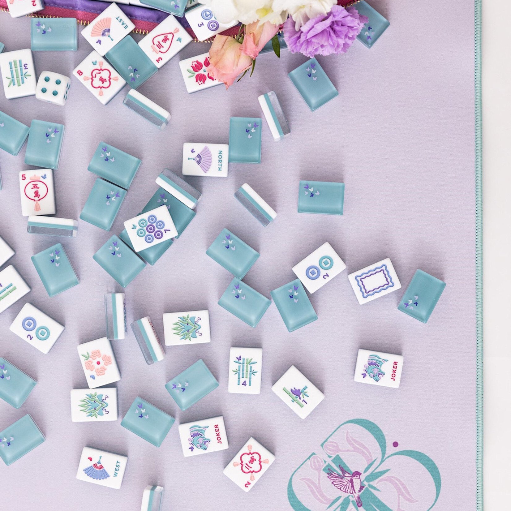 Bam Bird Boutique Teal Classic Mahjong Tile Set in Teal/Pink Classic Velvet Tile Bag