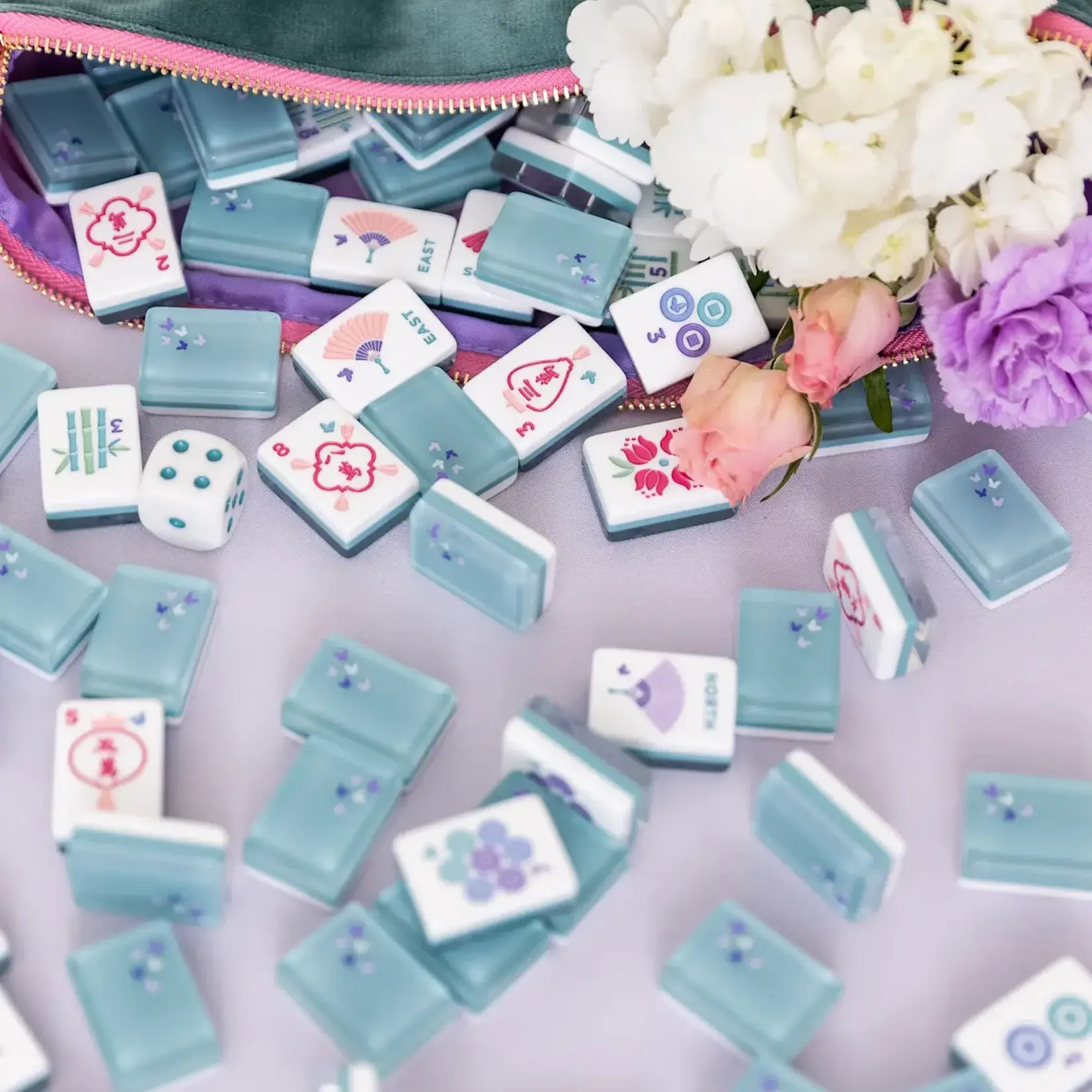 Bam Bird Boutique Teal Classic Mahjong Tile Set in Teal/Pink Classic Velvet Tile Bag