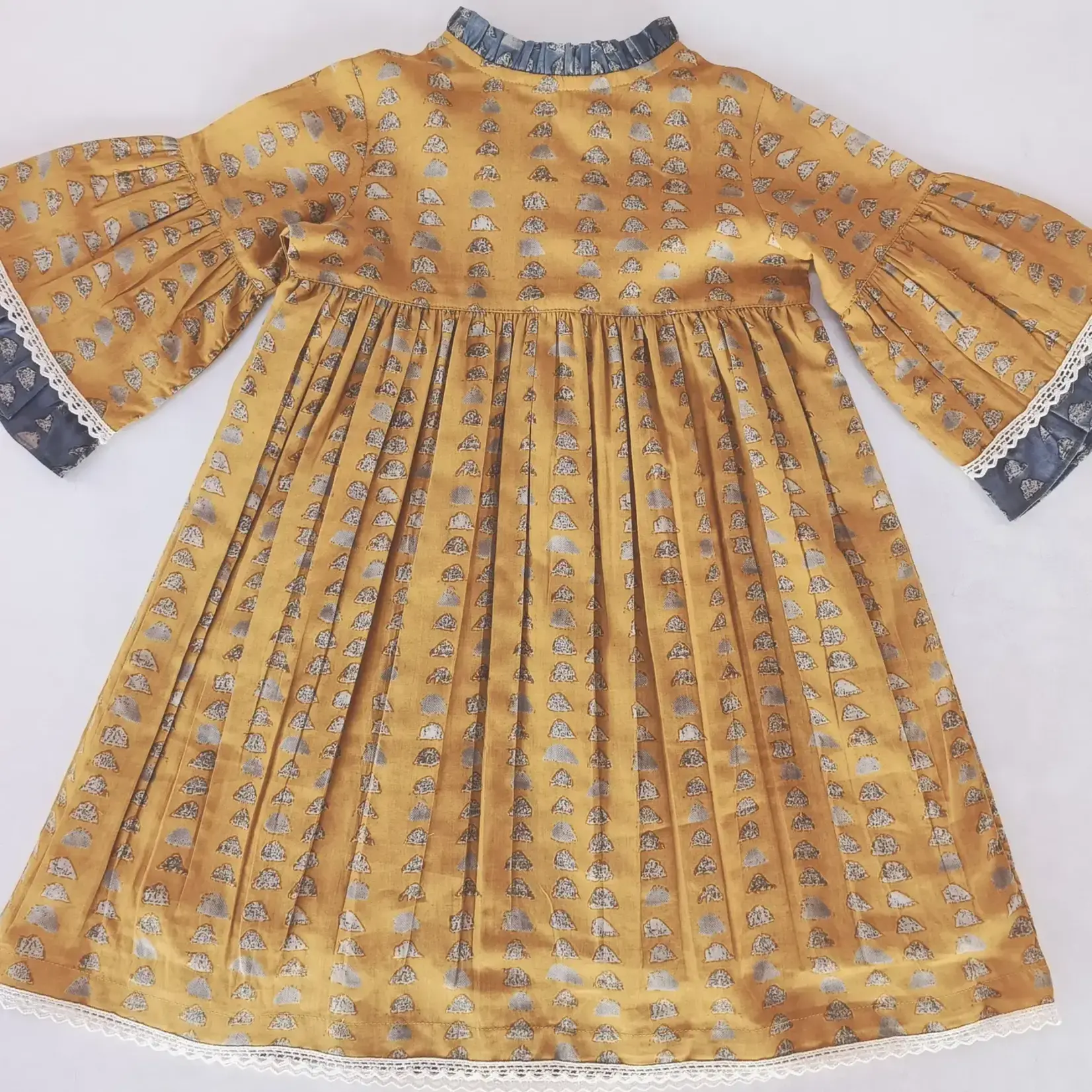 Yo Baby Printed Bell-Sleeves Neck Ruffle Dress Mustard