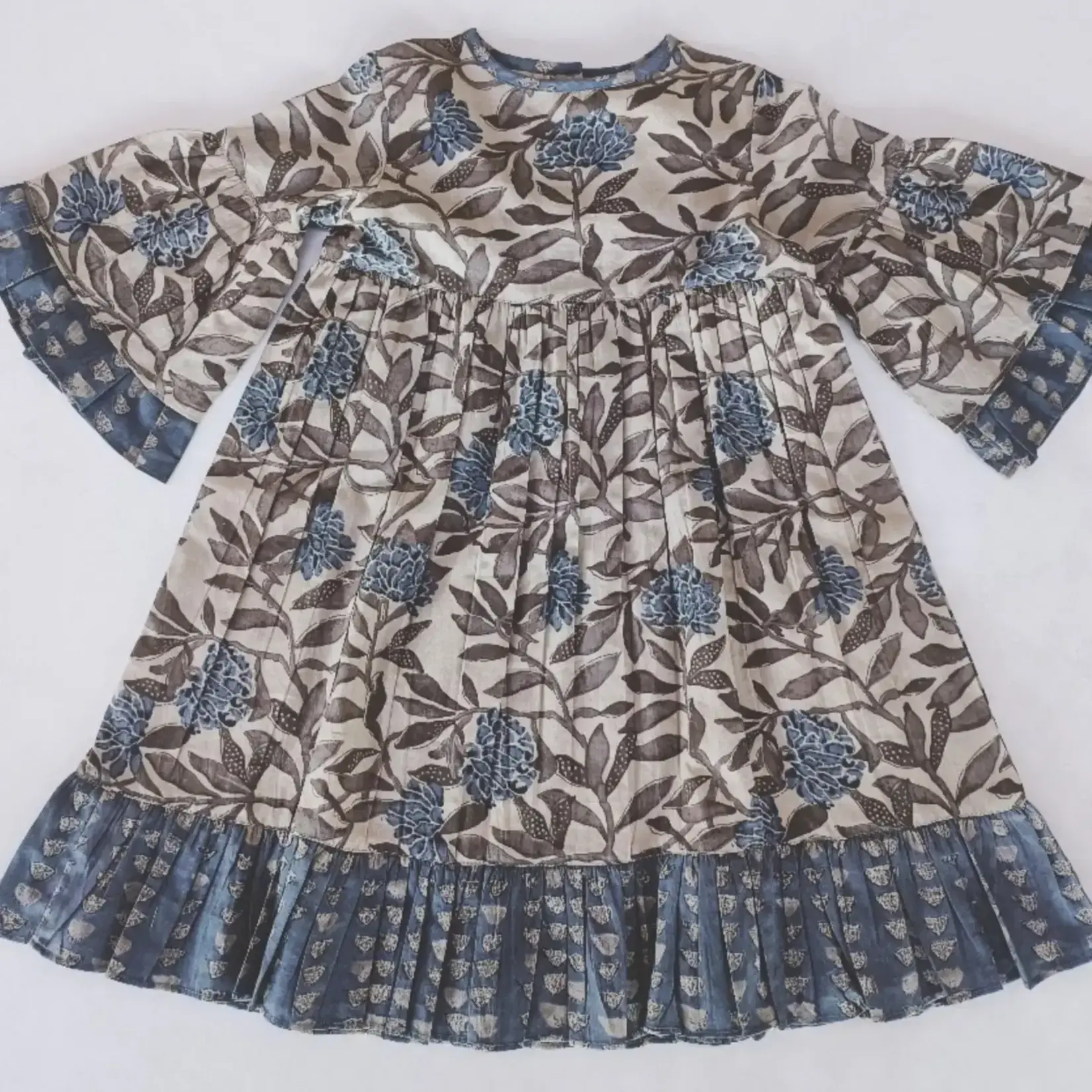 Yo Baby Leaf Print Bell-Sleeves Bottom Ruffle Dress Blue