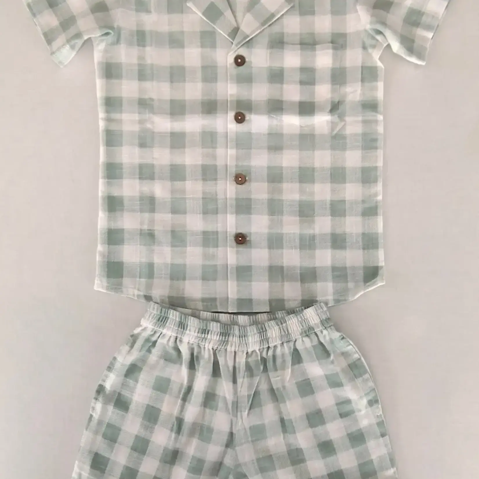 Yo Baby Kids' Unisex Sage Checks Cotton Shirt & Shorts Set