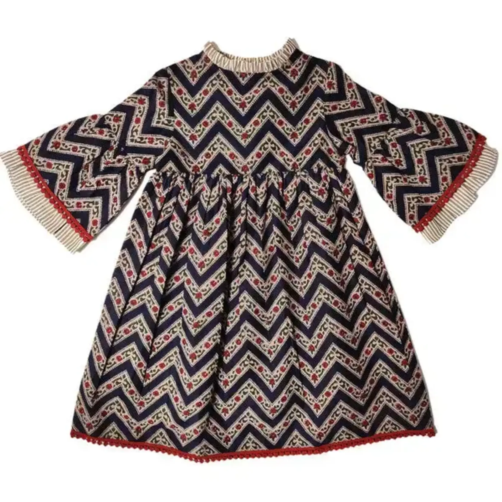 Yo Baby Bell-Sleeves Zig-Zag Dress Beige Chambray