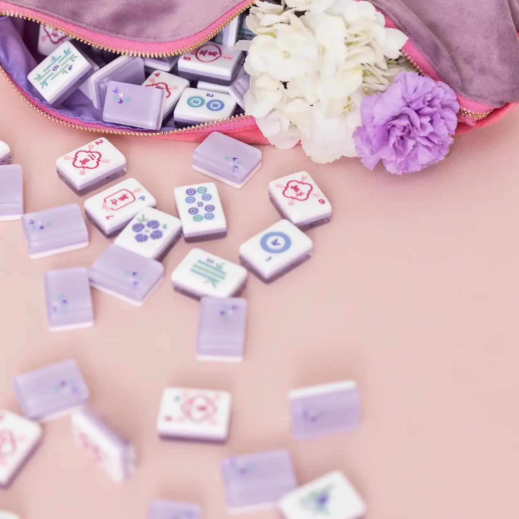 Bam Bird Boutique Lavender Classic Mahjong Tile Set w/ Lavender/Pink Velvet Bag