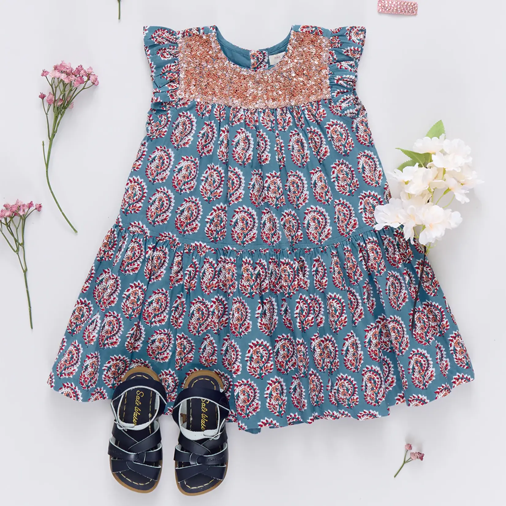 Pink Chicken girls fiona ruffle dress - blue paisley