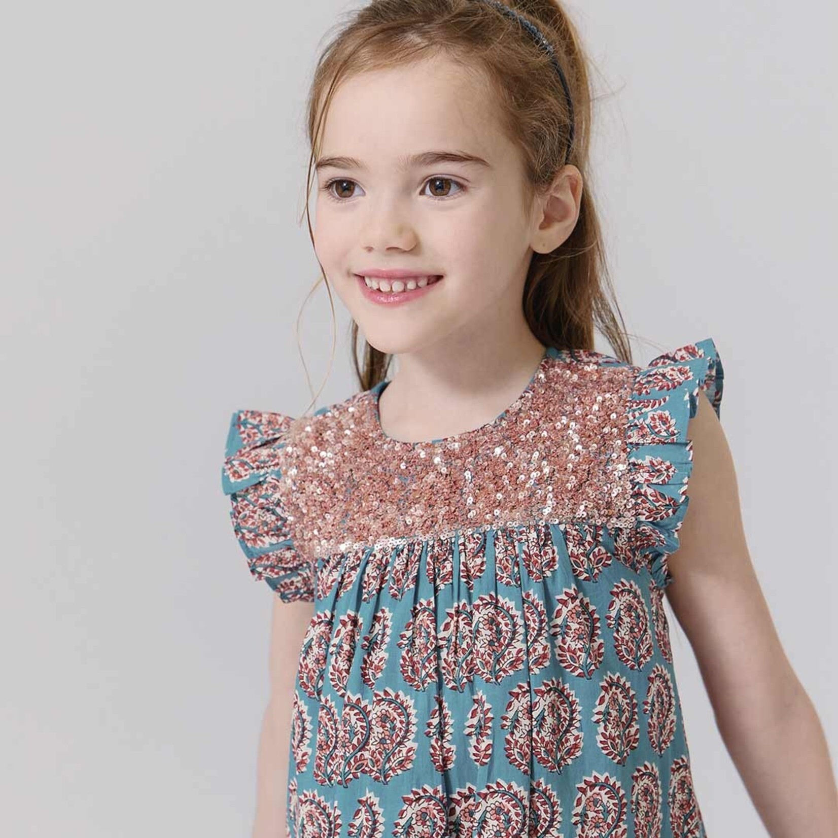 Pink Chicken girls fiona ruffle dress - blue paisley