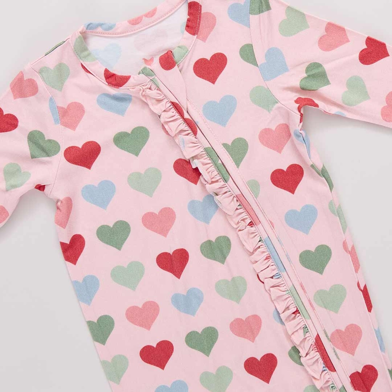 Pink Chicken baby girls ruffle bamboo romper - pink small hearts