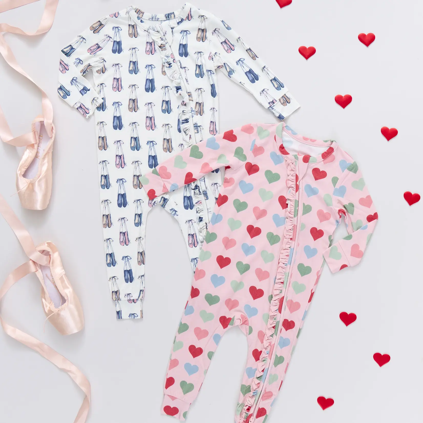 Pink Chicken baby girls ruffle bamboo romper - pink small hearts