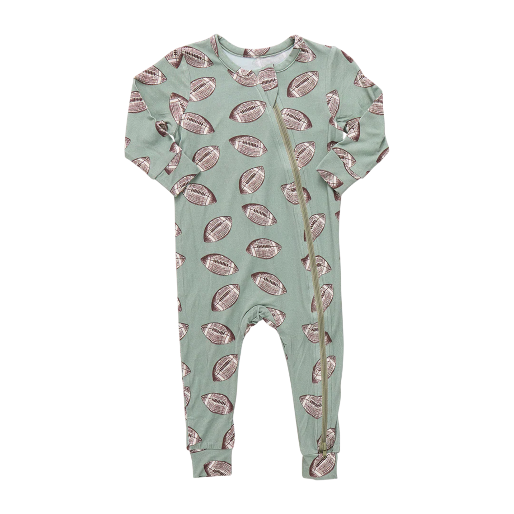 Pink Chicken baby bamboo romper - green flying footballs