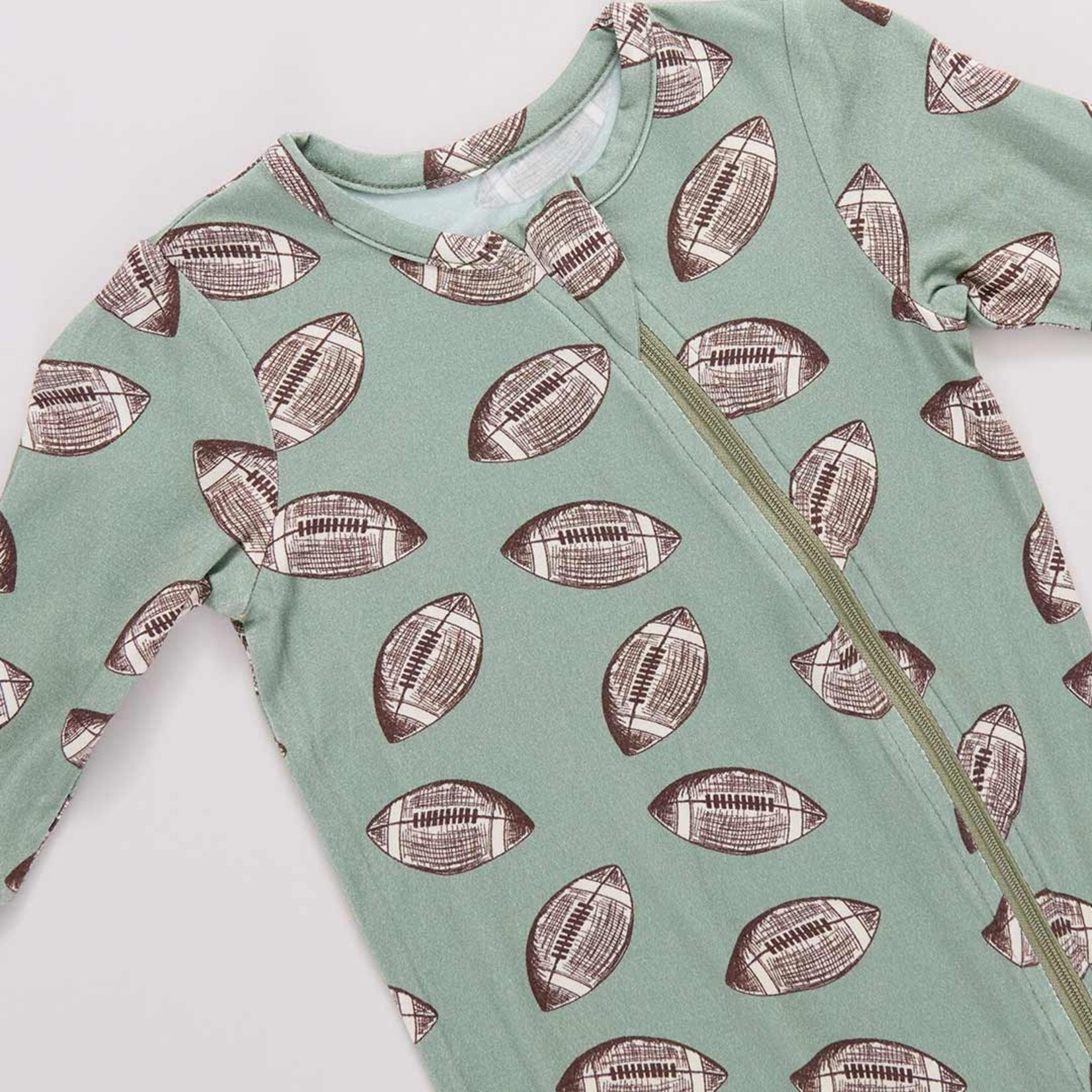 Pink Chicken baby bamboo romper - green flying footballs