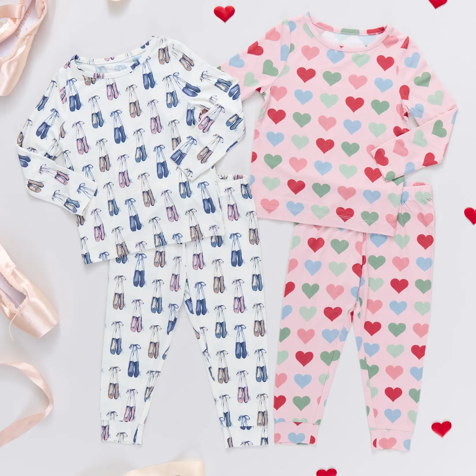 Pink Chicken kids bamboo pj set - pink small hearts