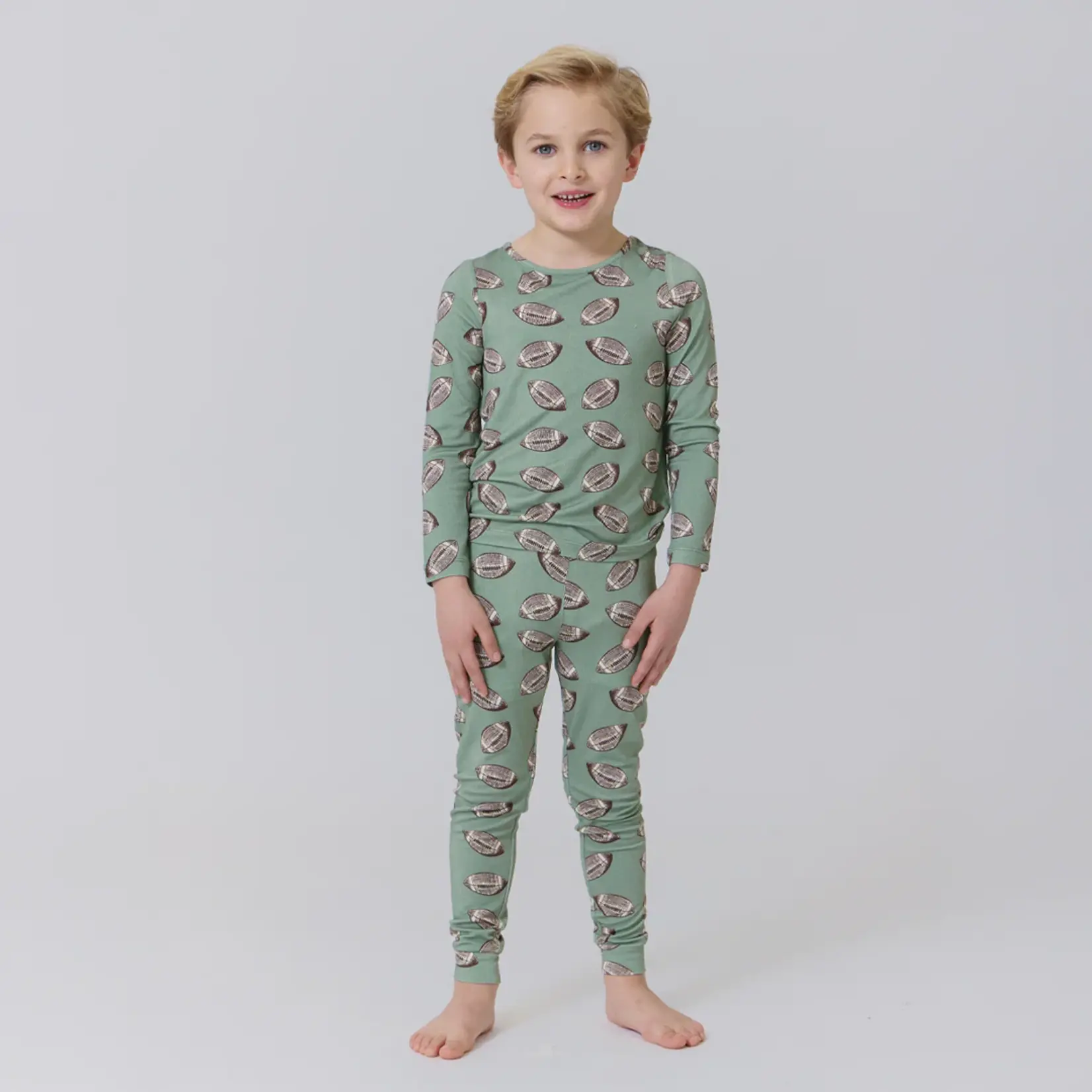 Pink Chicken kids bamboo pj set - green flying footballs