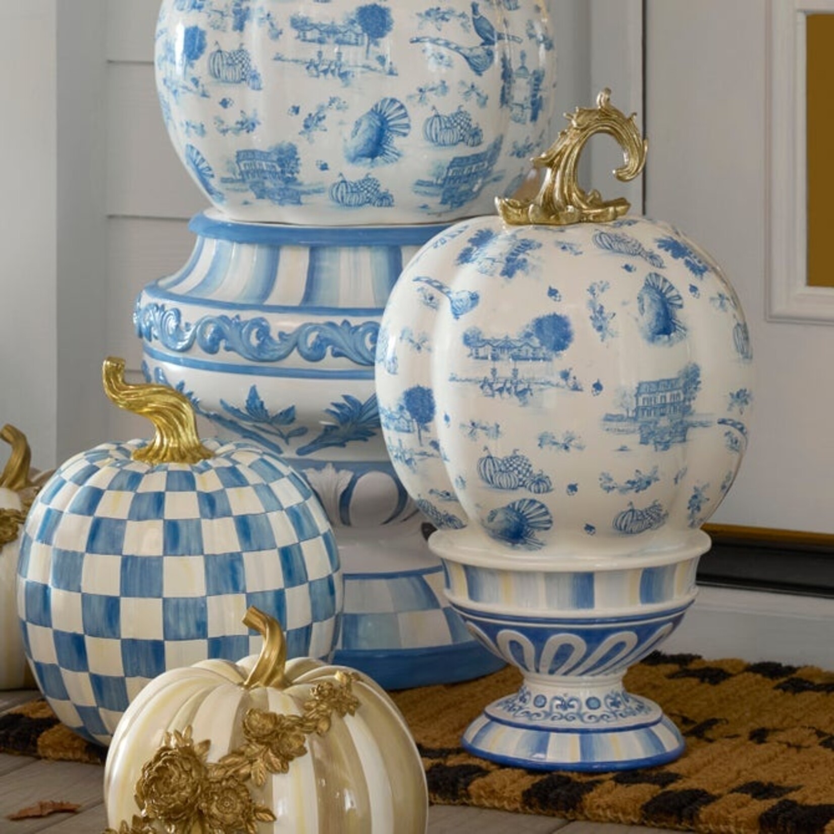 MacKenzie-Childs Royal Autumn Toile Tall Pedestal Pumpkin