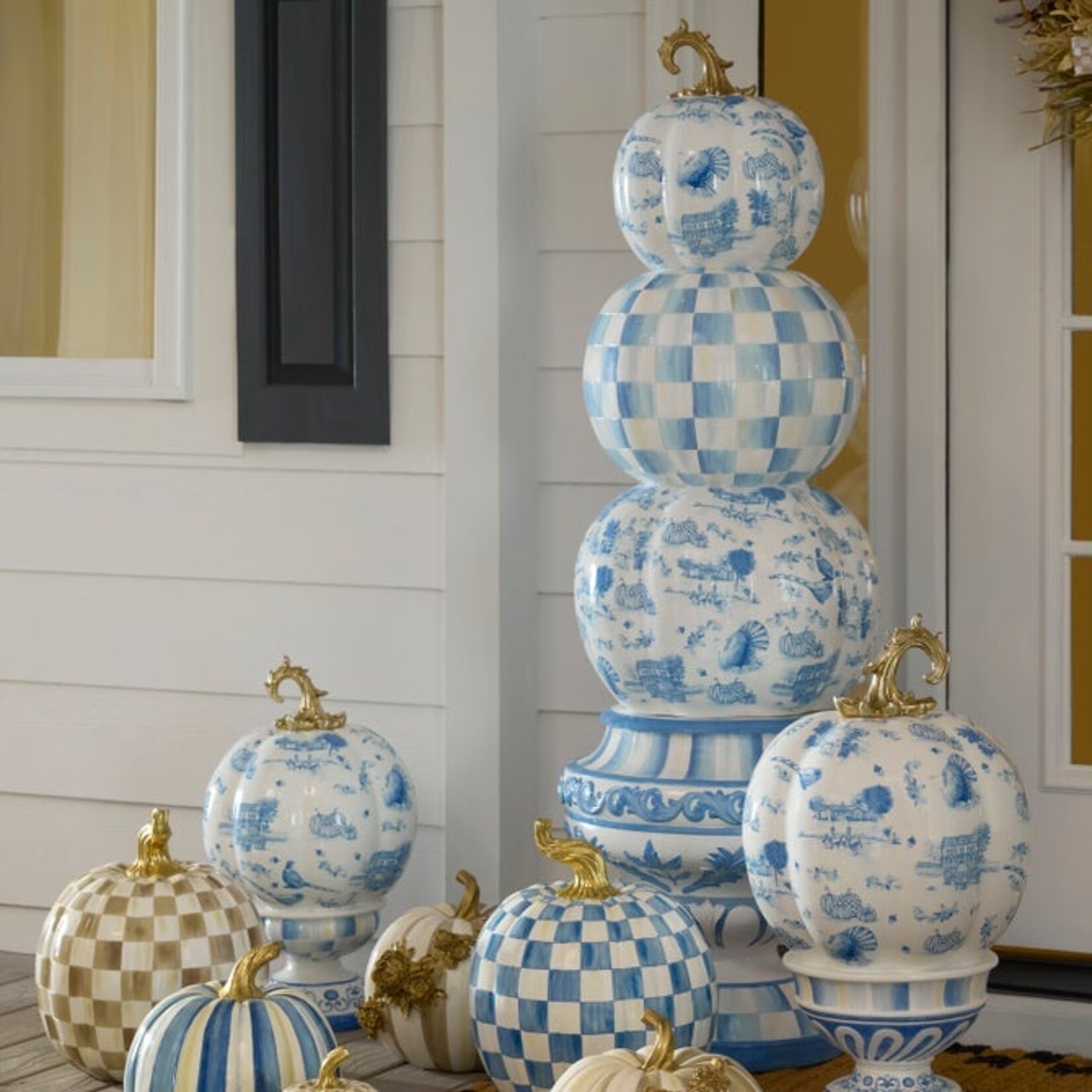MacKenzie-Childs Royal Autumn Toile Stacked Pumpkin Trophy Urn