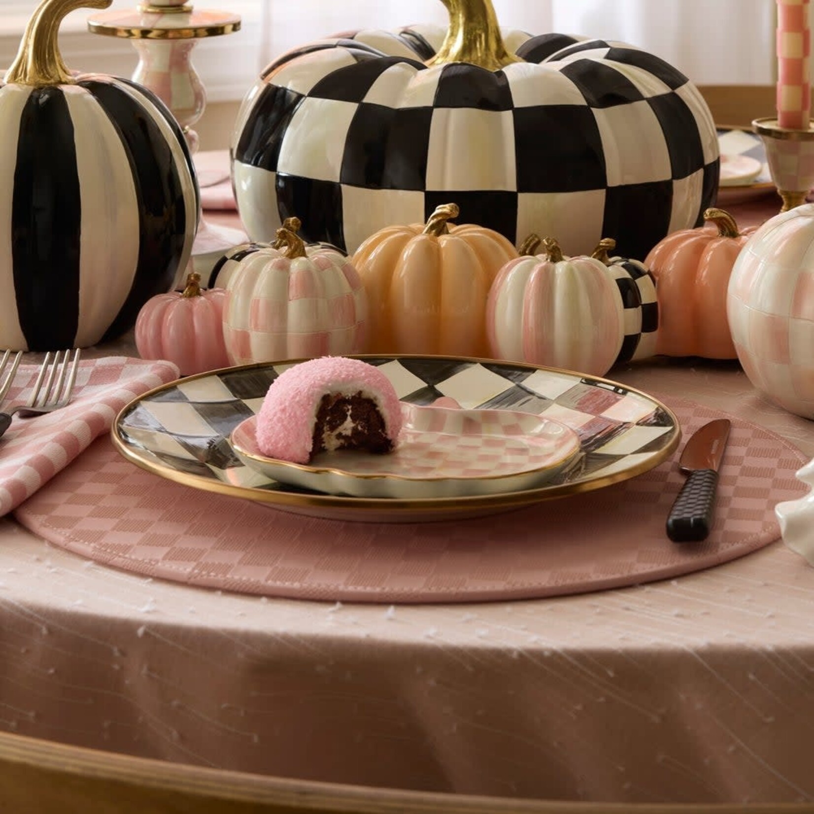 MacKenzie-Childs rosy check pumpkin ceramic dessert plates, set of 4
