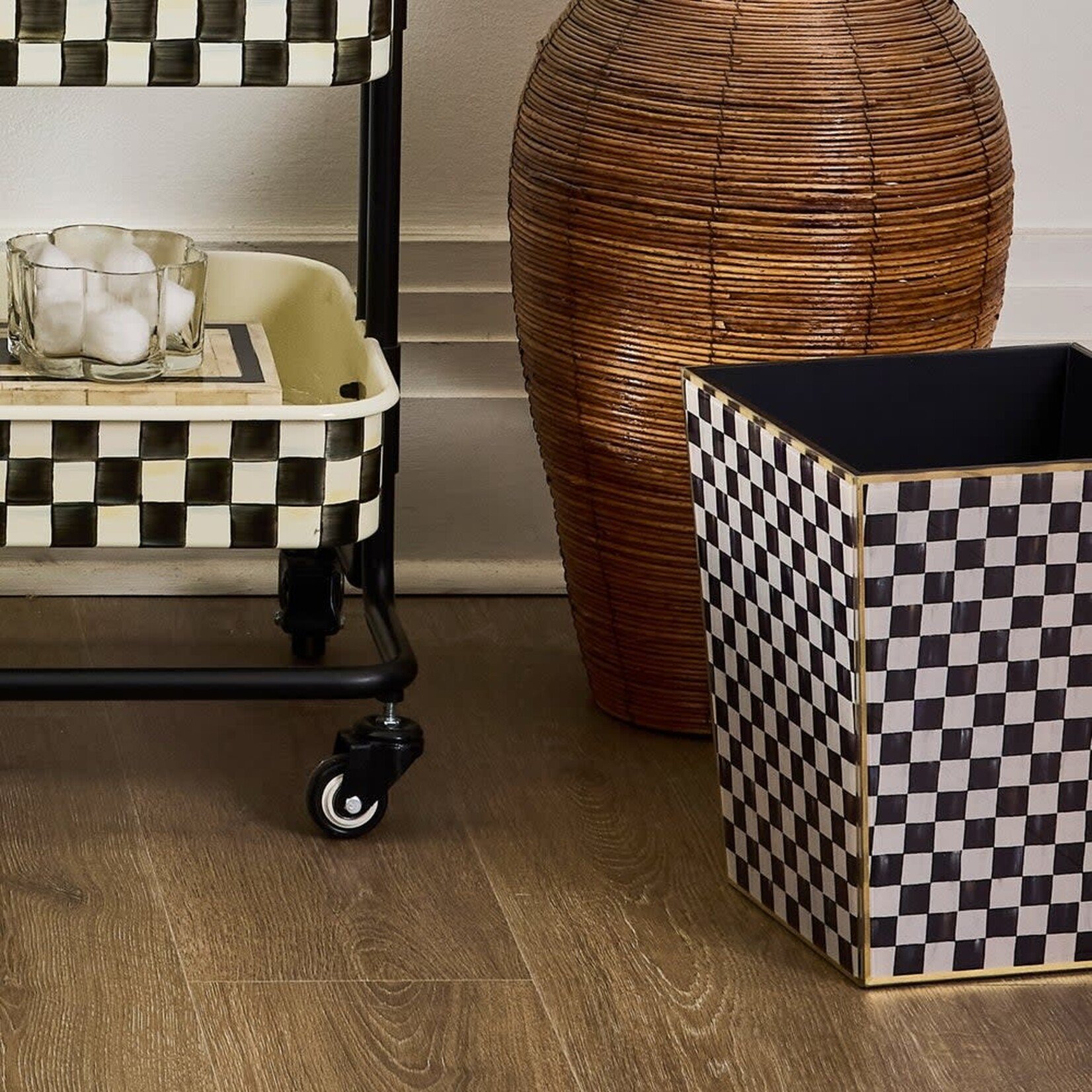 MacKenzie-Childs courtly check glass waste bin