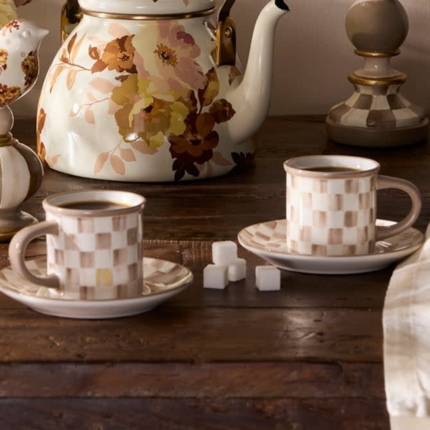 MacKenzie-Childs mocha check espresso cup & saucer, set of 2