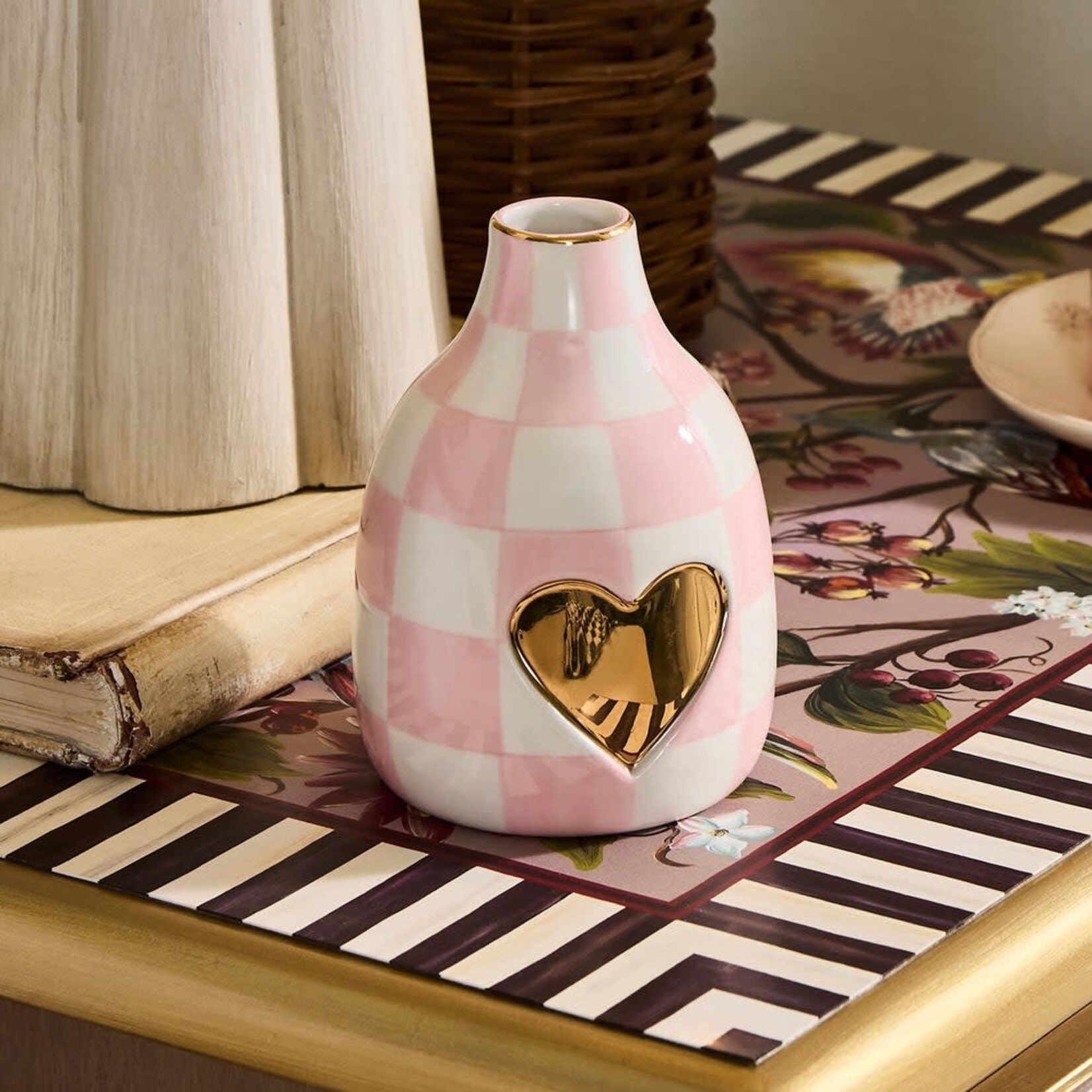 MacKenzie-Childs rosy check short heart vase