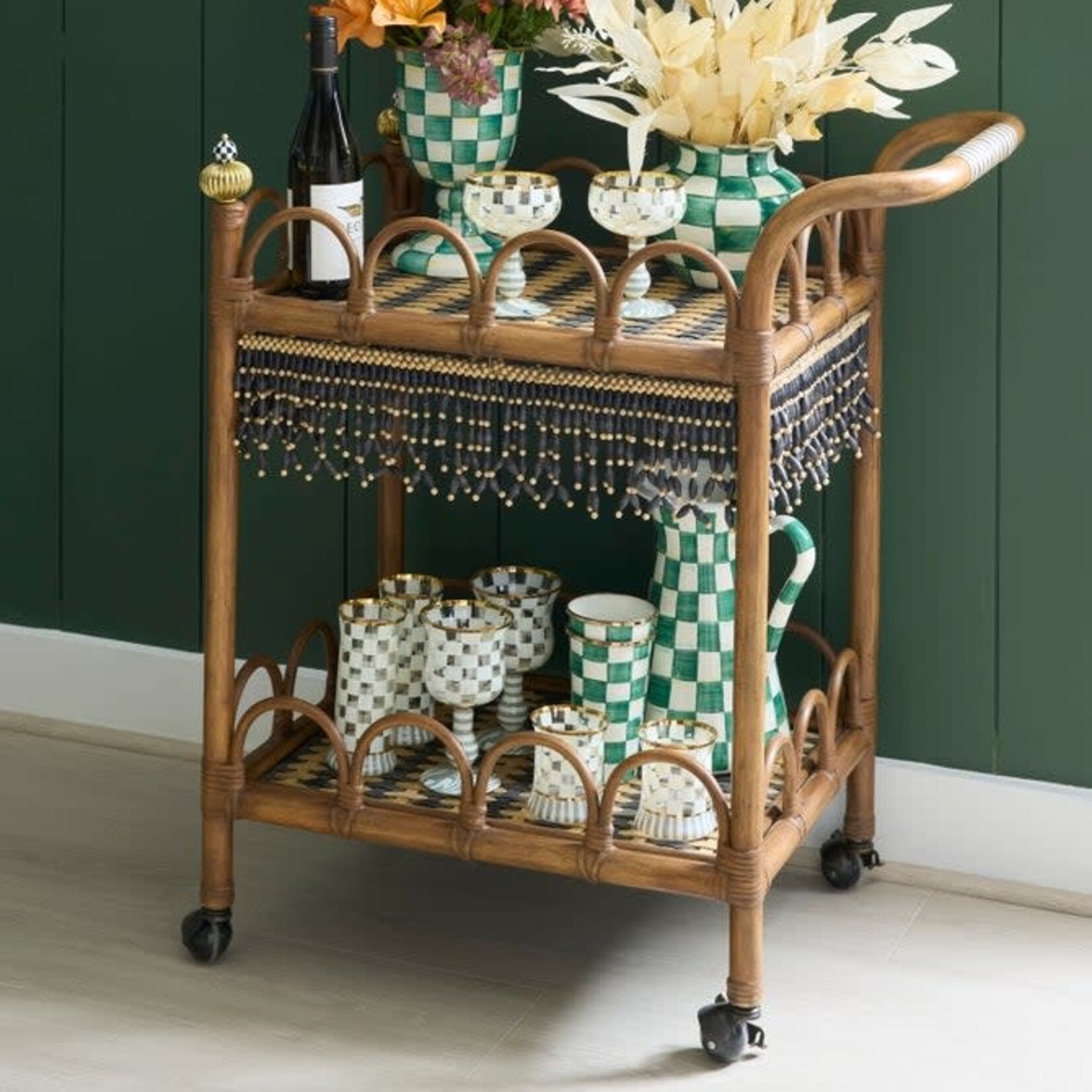 MacKenzie-Childs wild indoors rattan bar cart