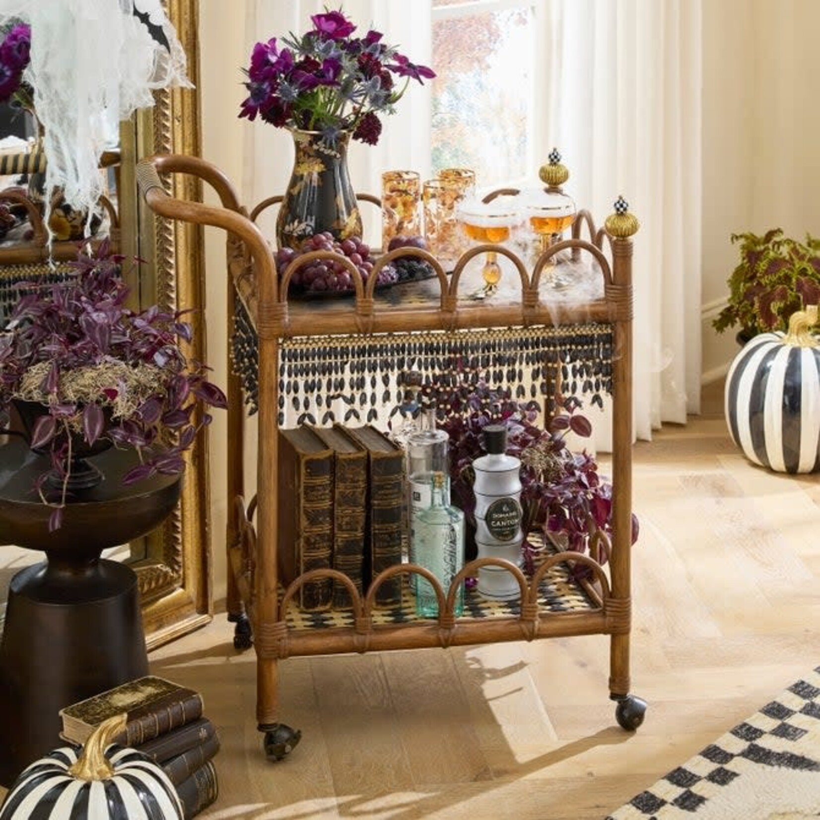 MacKenzie-Childs wild indoors rattan bar cart