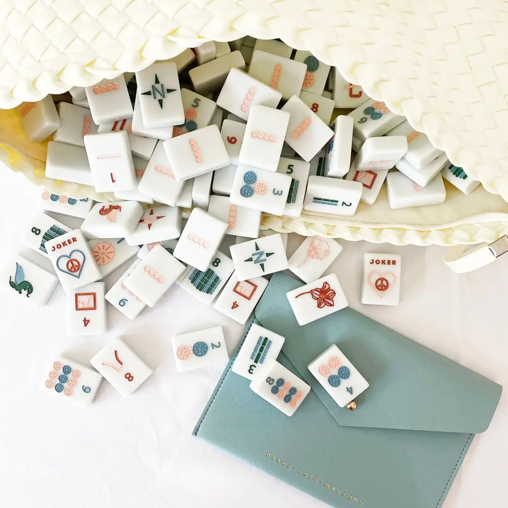 Peace Love Mahjong Cream Woven Mahjong Carryall