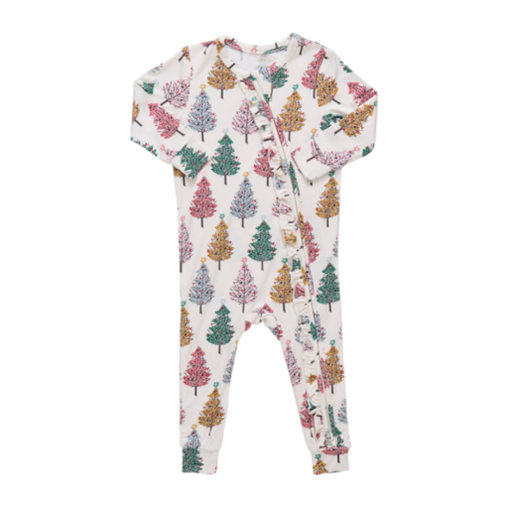Pink Chicken baby ruffle bamboo romper - multi christmas trees