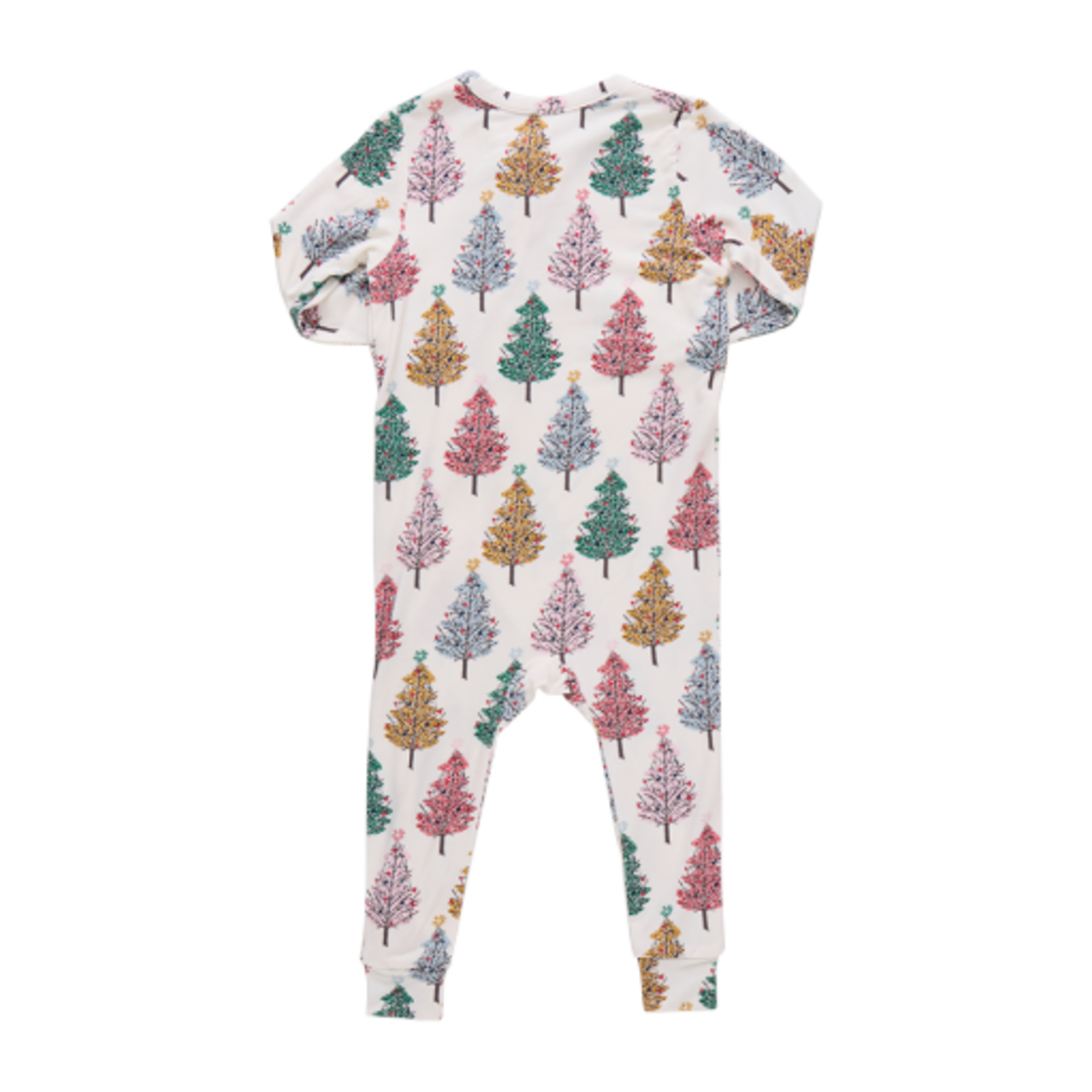 Pink Chicken baby ruffle bamboo romper - multi christmas trees