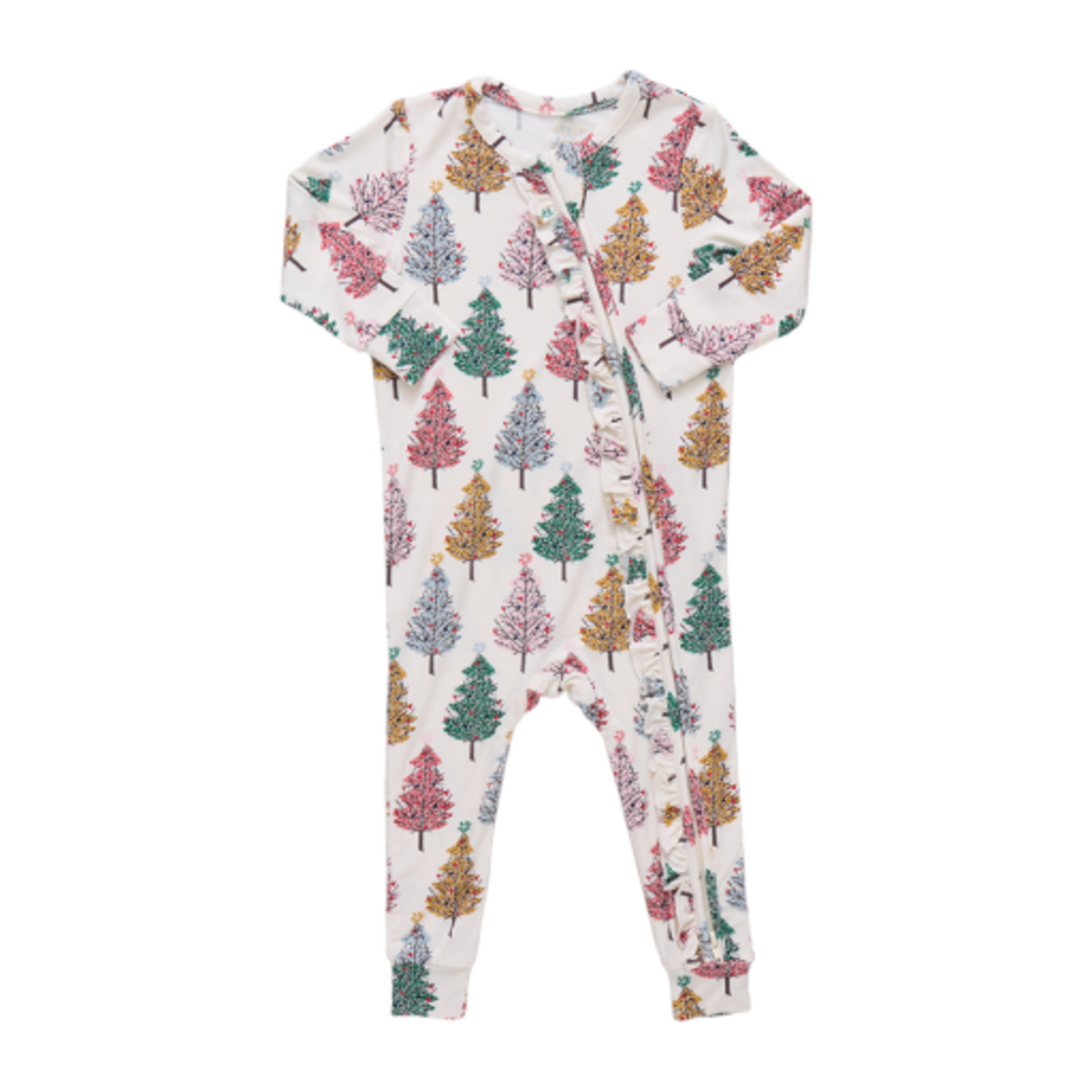 Pink Chicken baby ruffle bamboo romper - multi christmas trees
