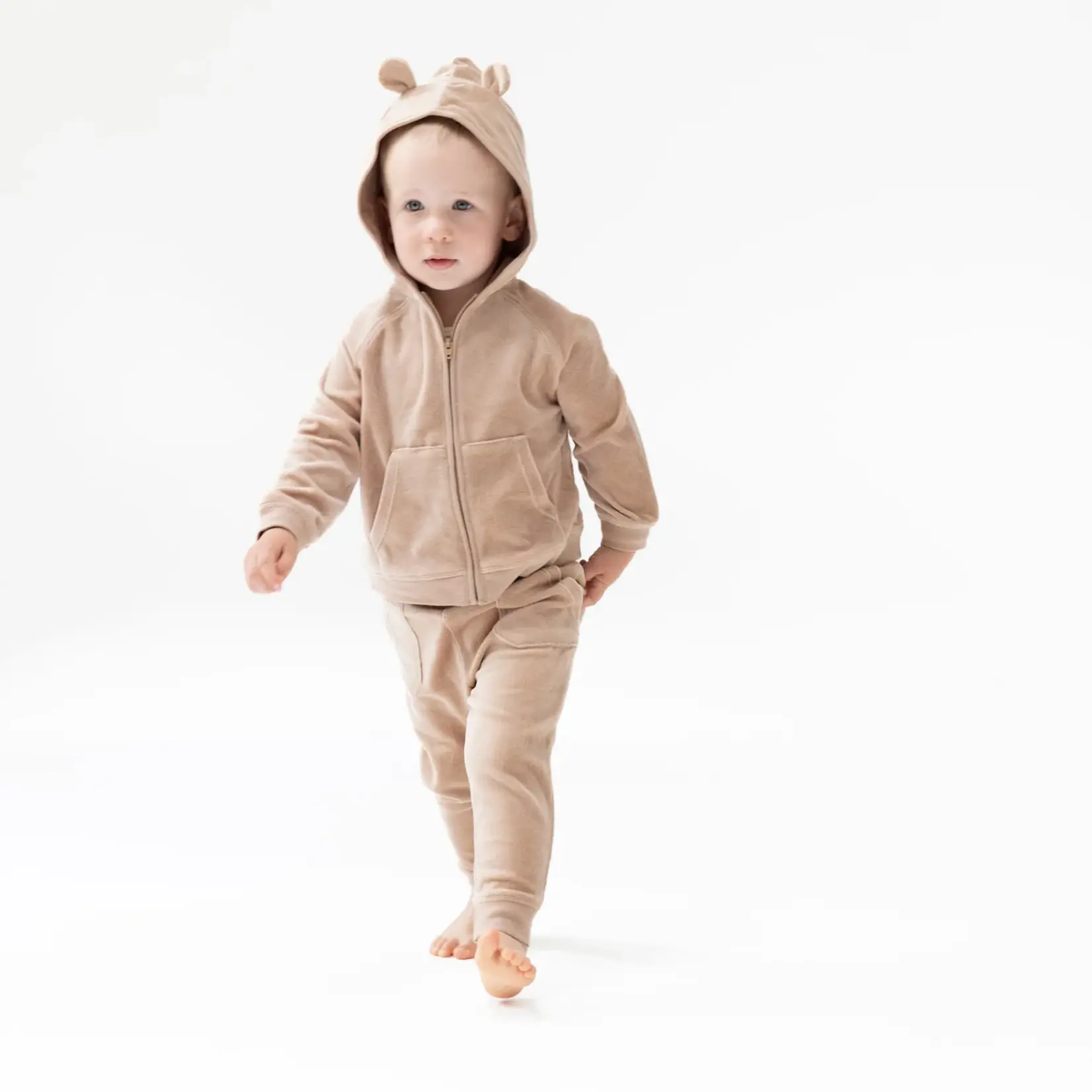 Angel Dear Velour Teddy Bear - Zip Bear Ear Hoodie + Varsity Stripe  Jogger Set