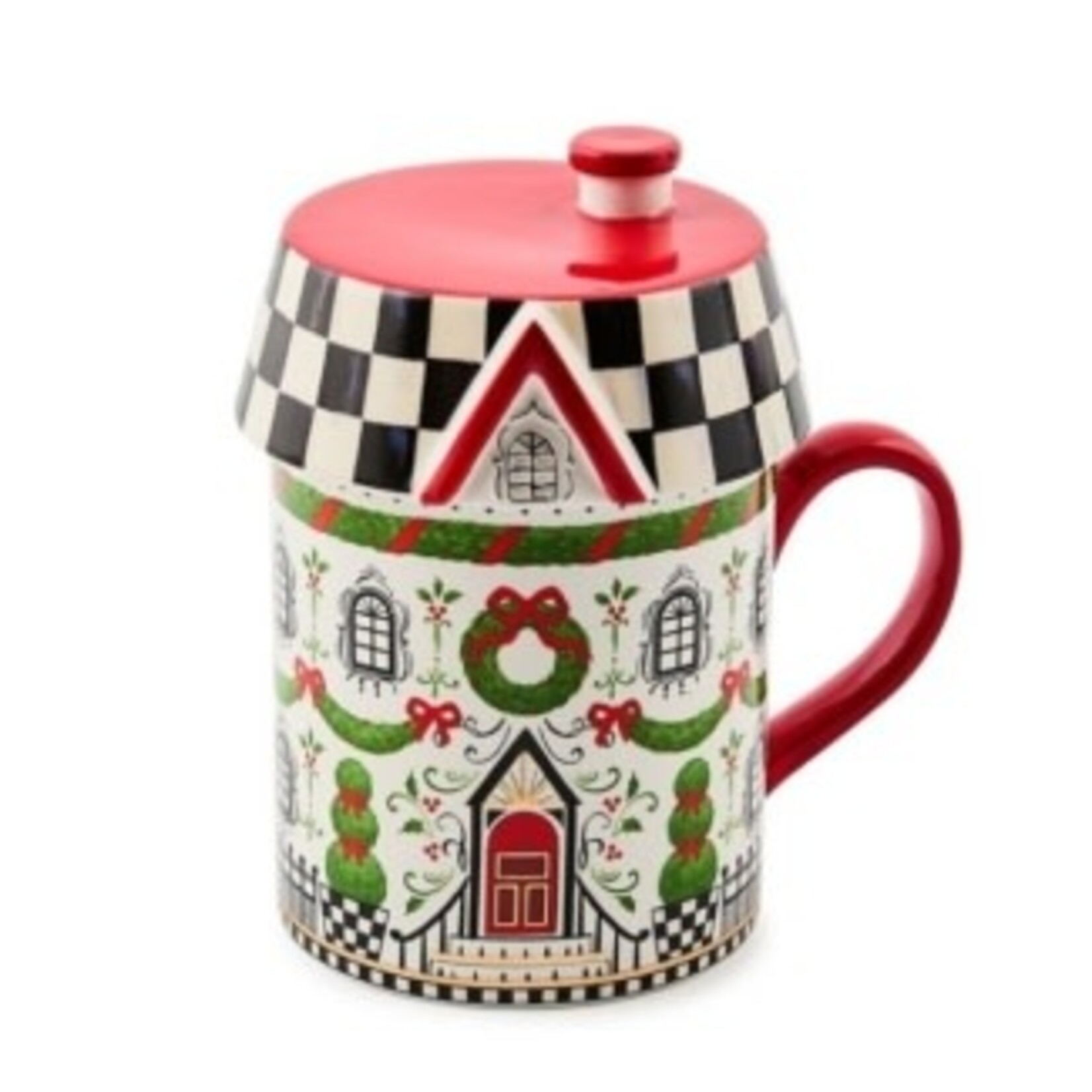 MacKenzie-Childs holly village ceramic lidded mug