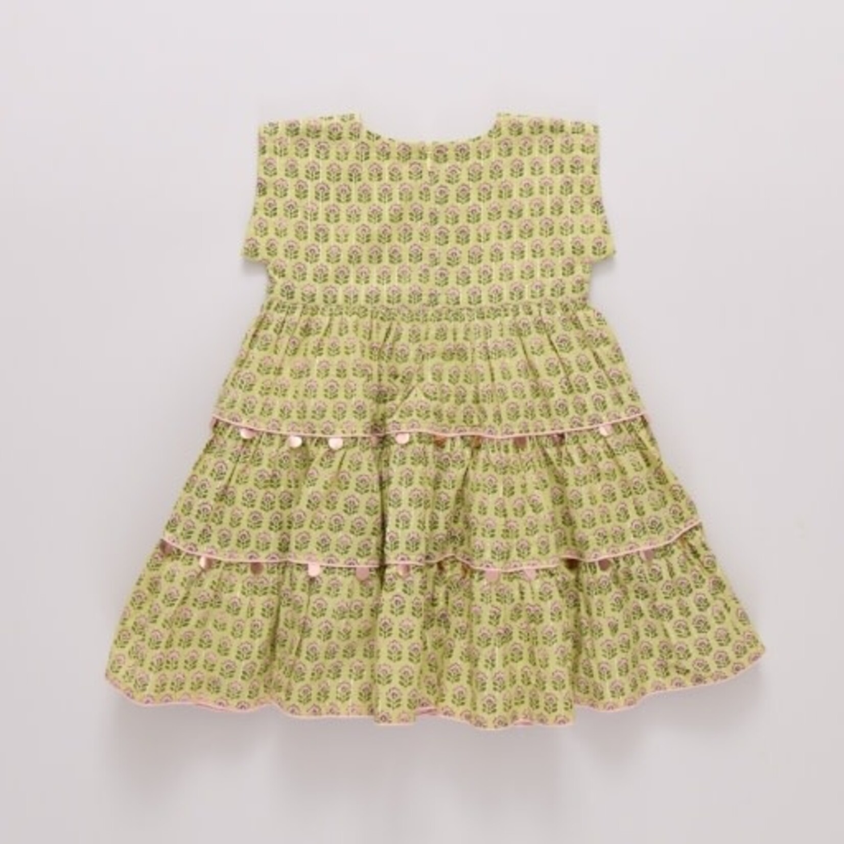 Pink Chicken girls peachy dress - green prairie block print