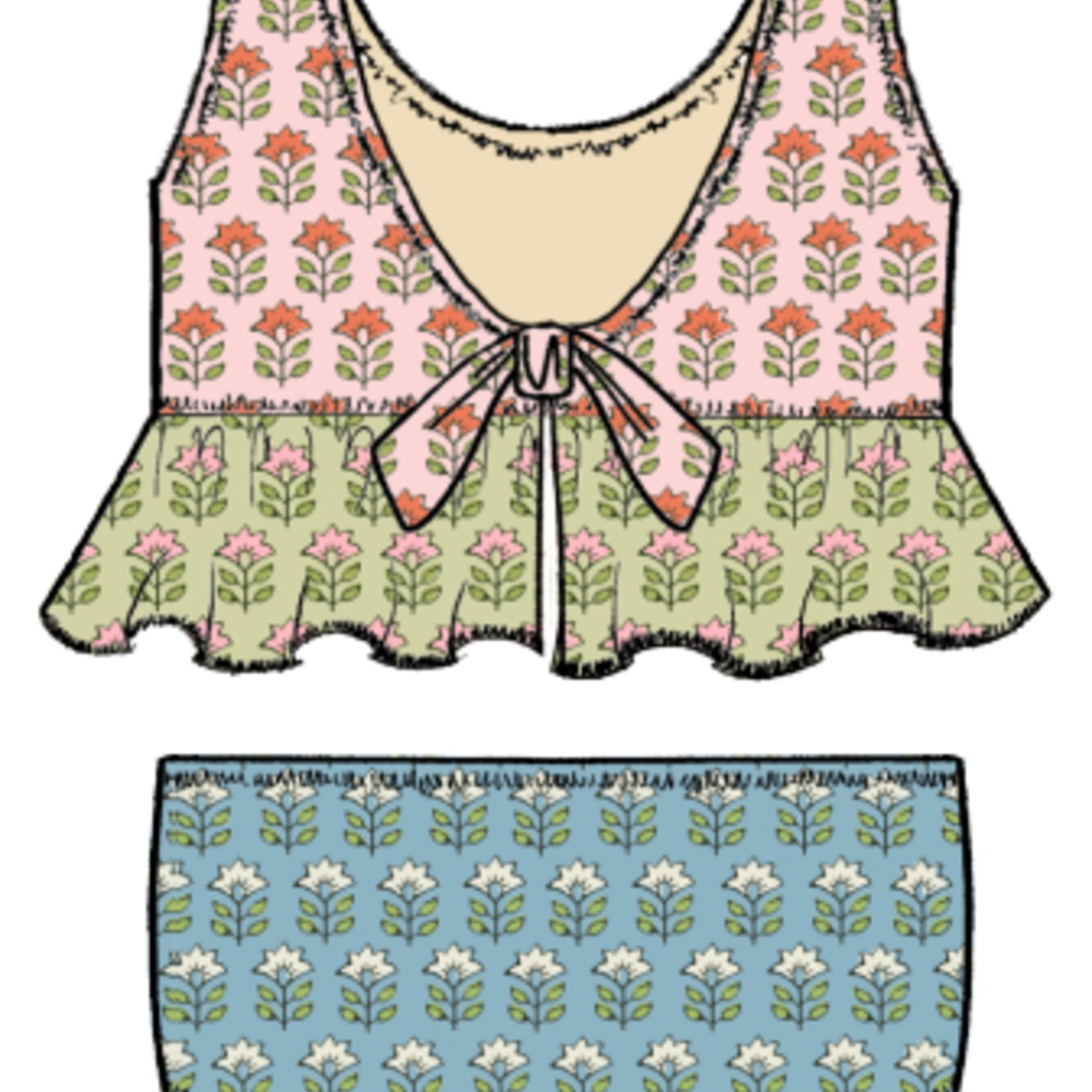 Pink Chicken girls palmer tankini - multi prairie block print