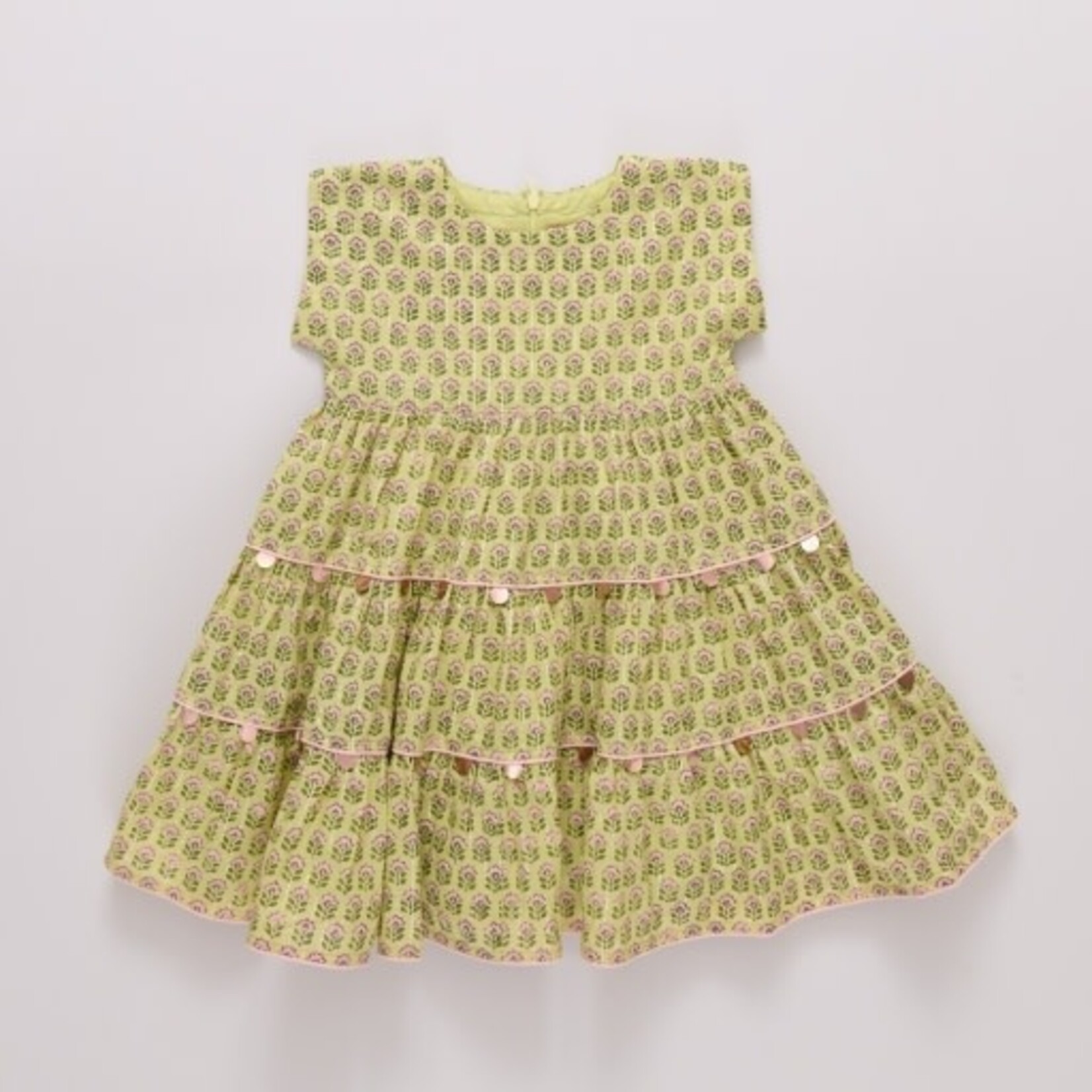 Pink Chicken girls peachy dress - green prairie block print