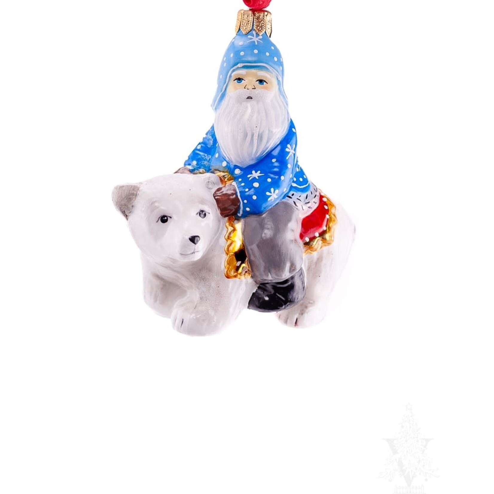 Vaillancourt Folk Art Small Santa in Blue Riding Polar Bear Ornament